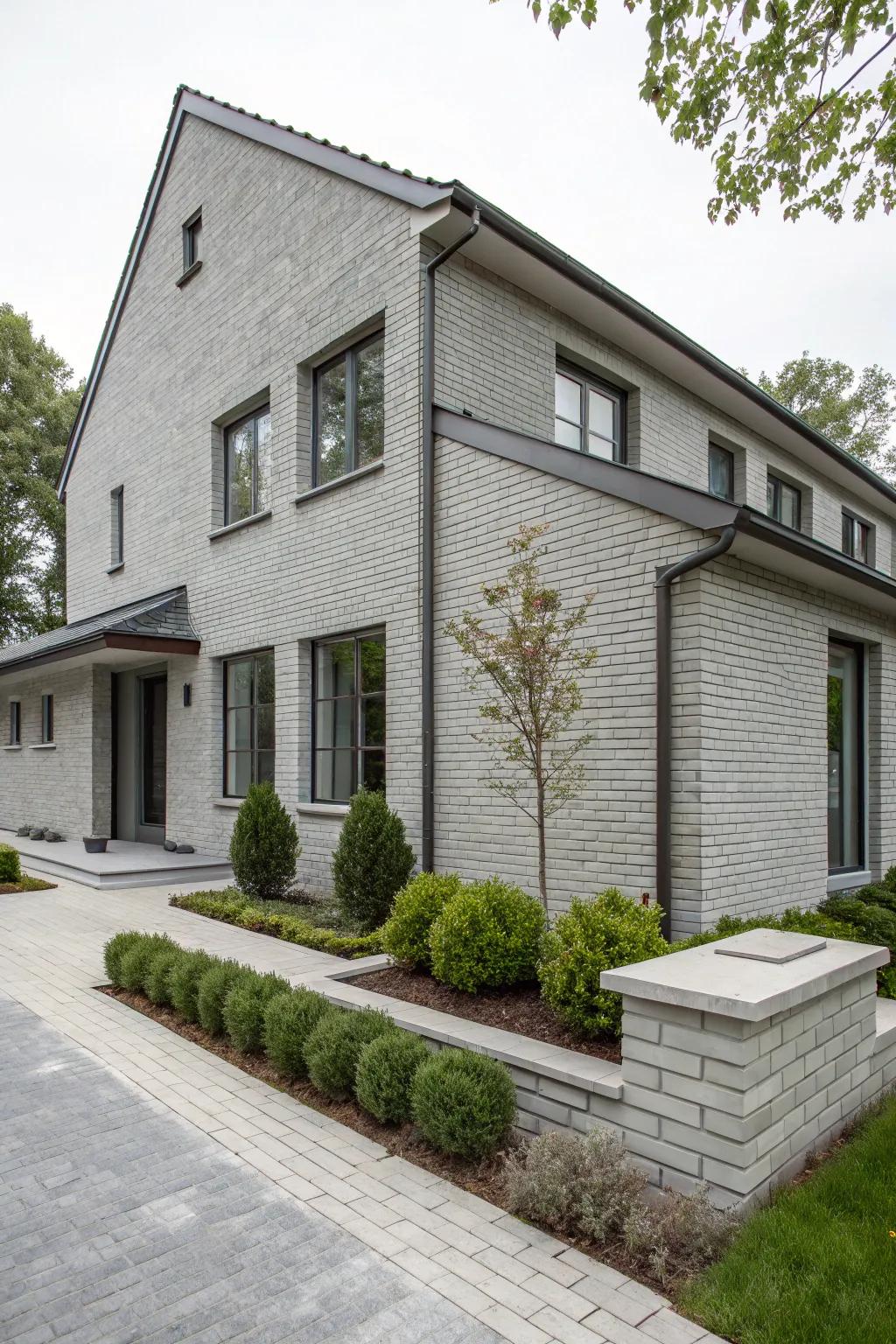 Sophisticated gray brick with matching siding for a sleek look.