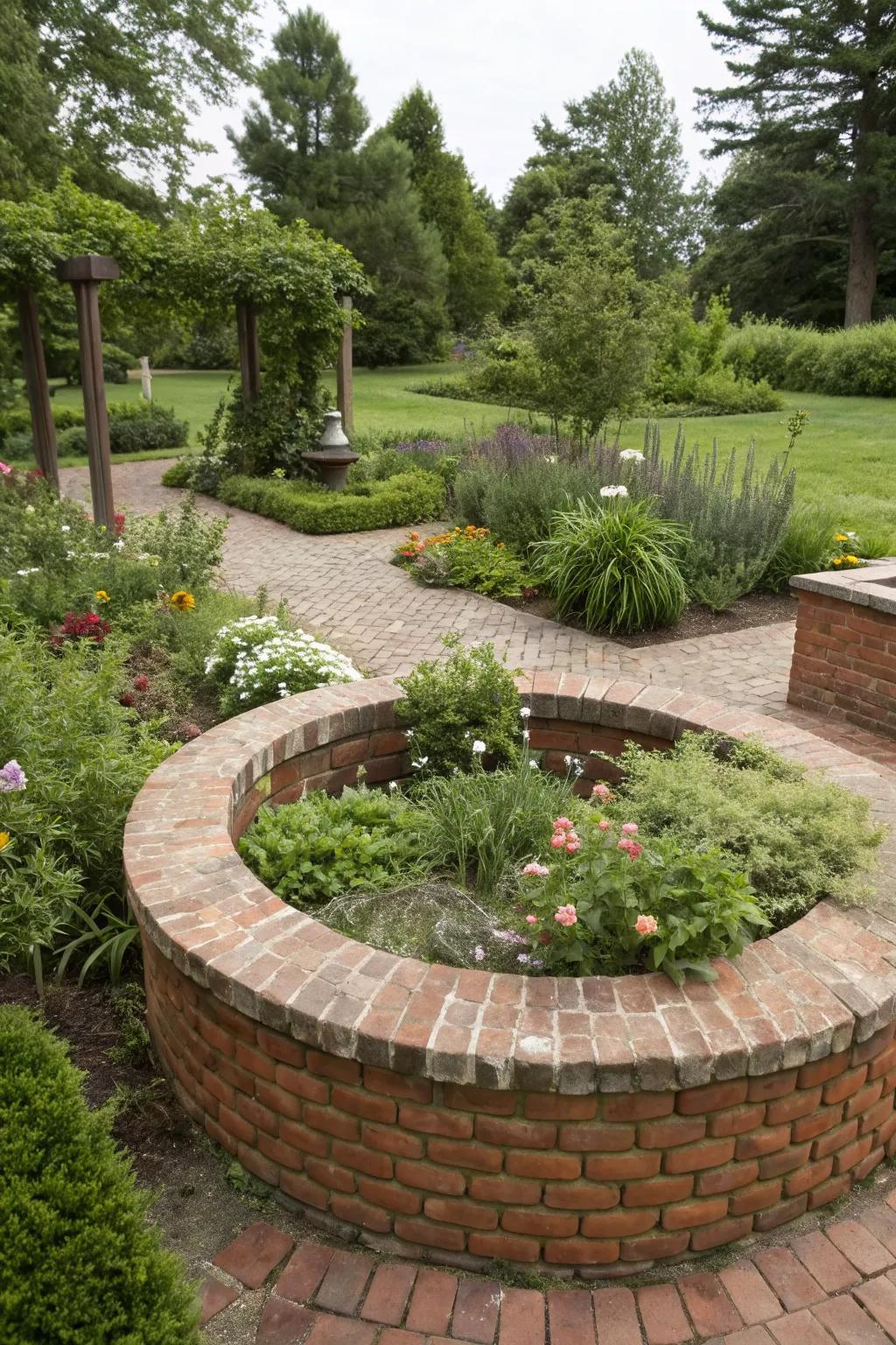 Circular brick edging highlights garden focal points.