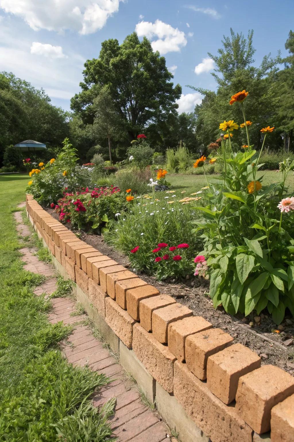 Recycled bricks offer a sustainable garden edge.