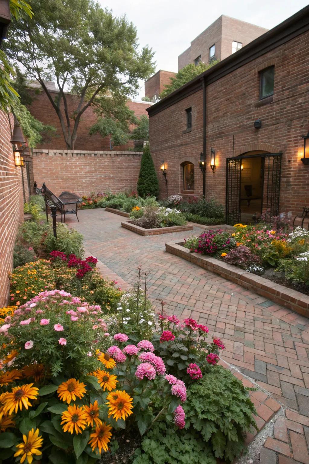 A garden bed adds color and life to the courtyard.