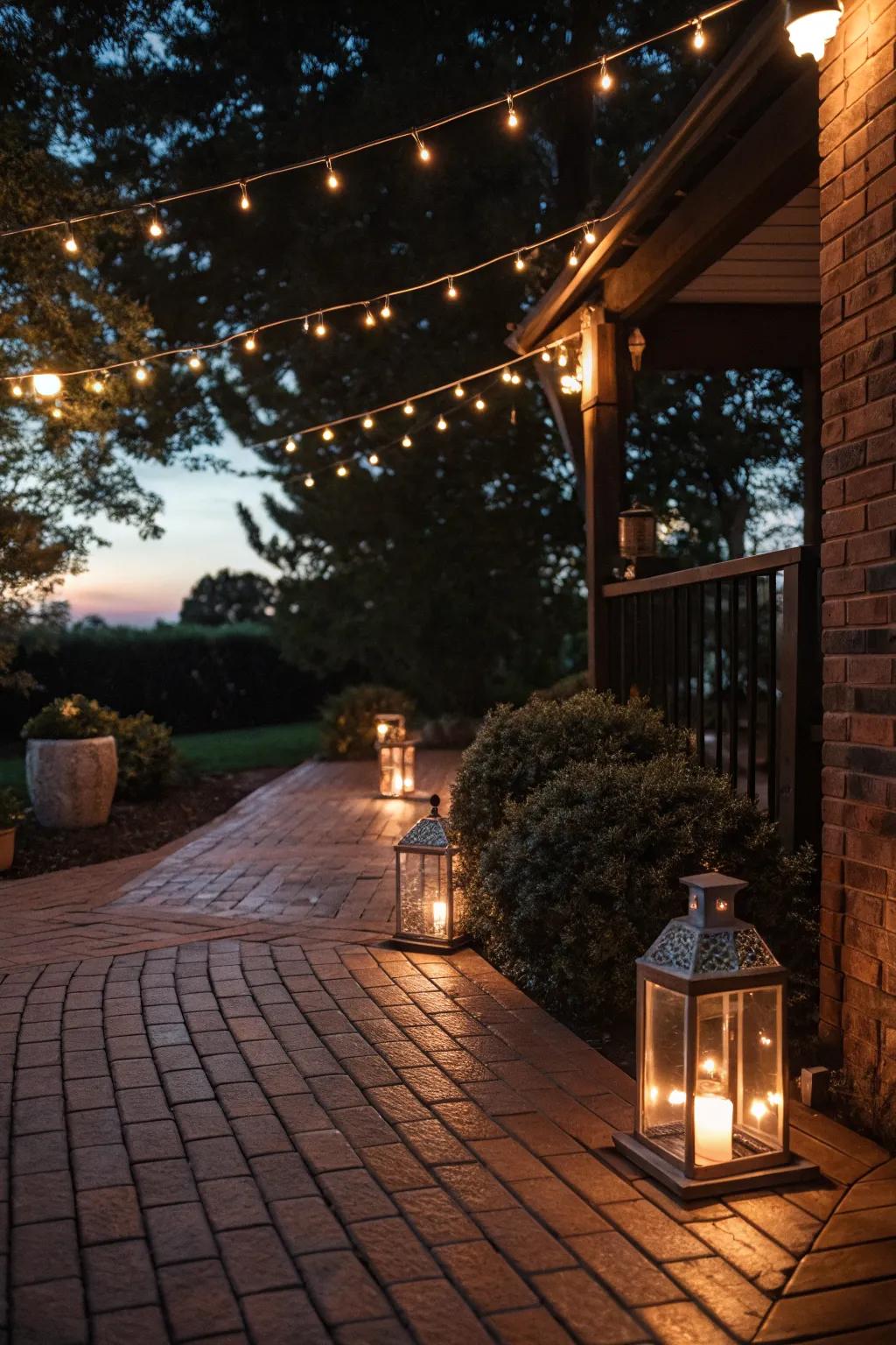 Mood lighting transforms this brick deck into an enchanting space.