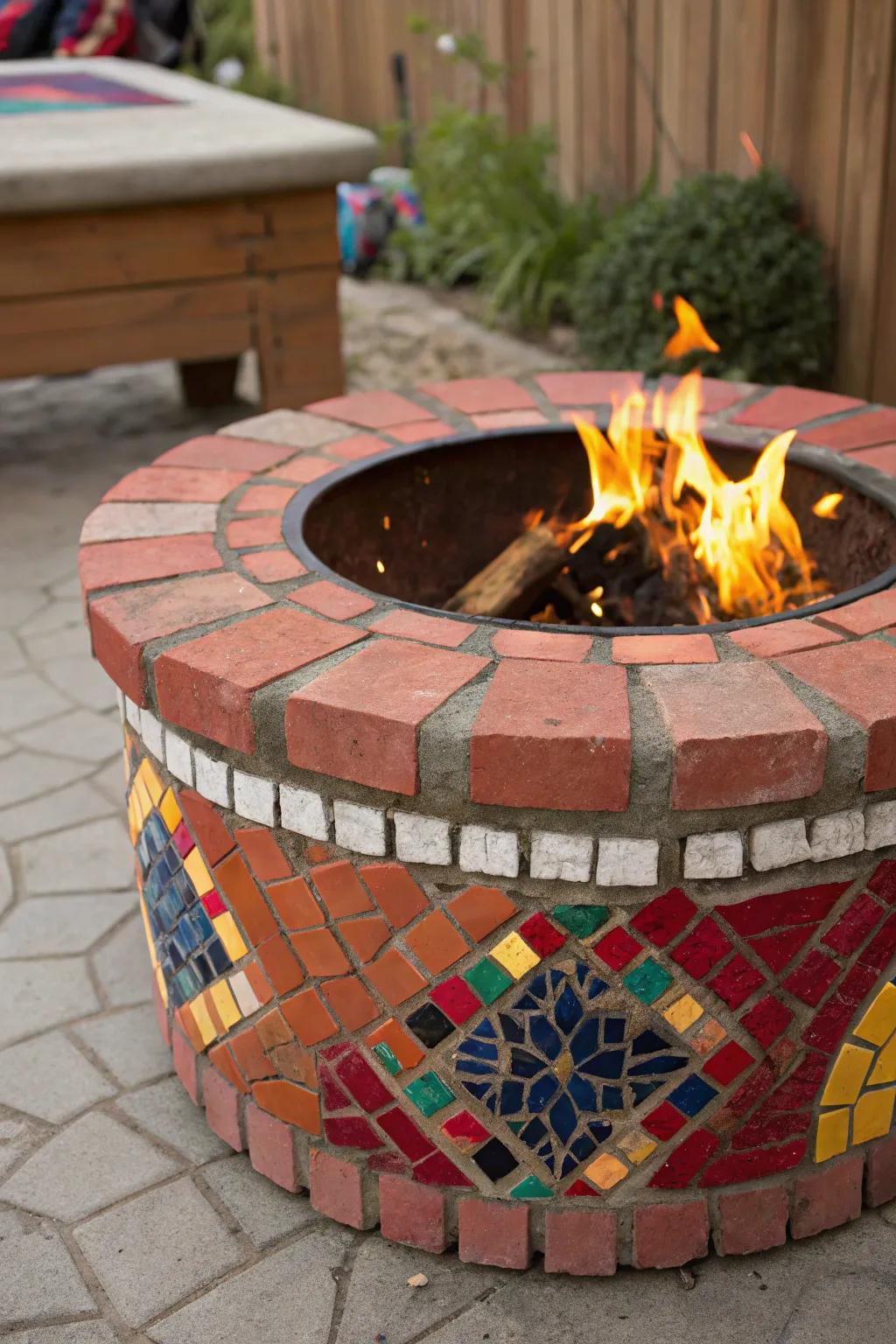 Transform your outdoor space with a striking mosaic brick fire pit – where artistry meets warmth.
