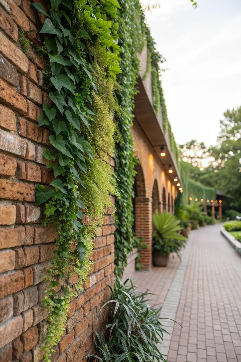 Vertical gardens bring vibrancy to brick exteriors.