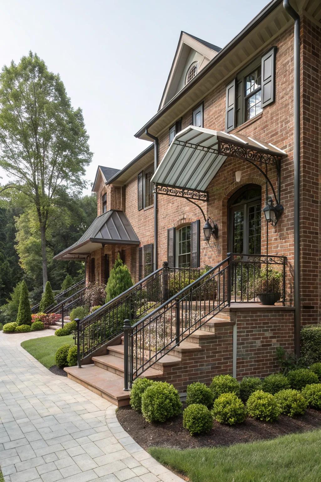 Metal elements provide an industrial-chic touch to brick homes.