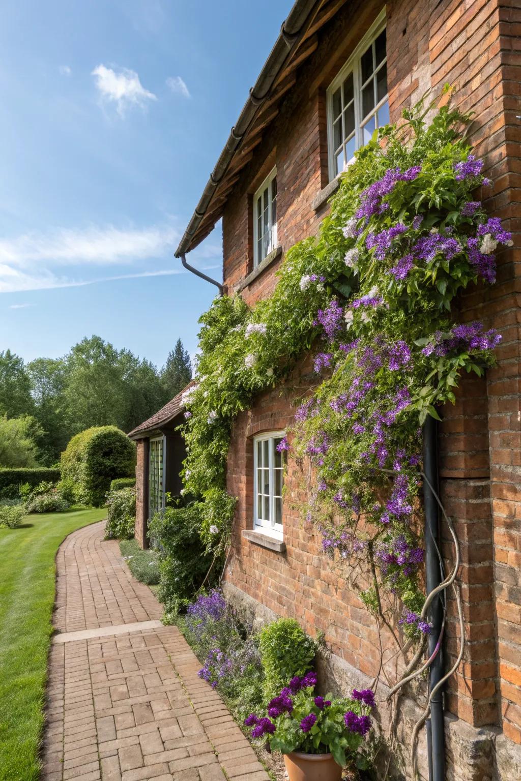 Climbing vines add a soft, whimsical touch to brick walls