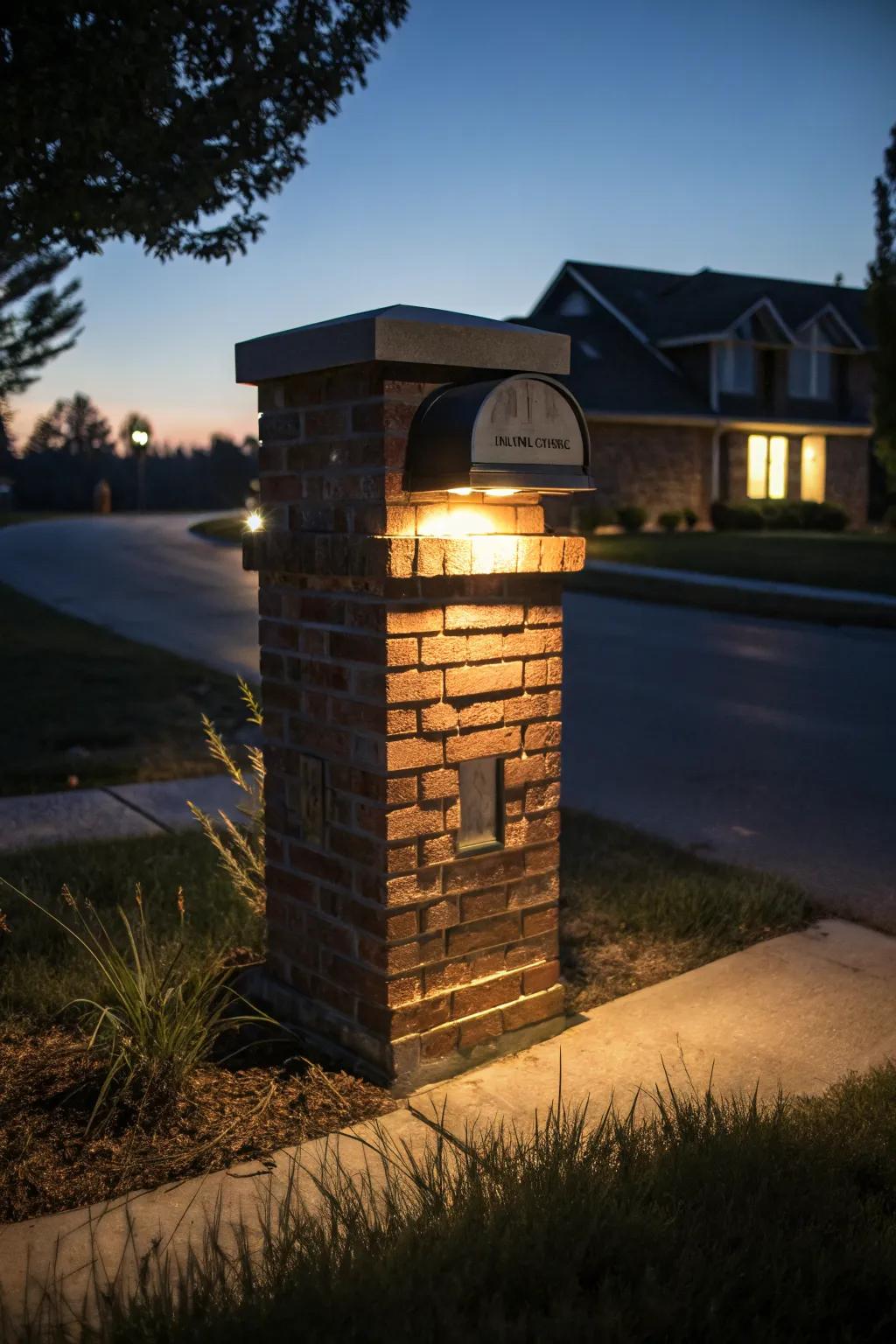 Solar lights create a welcoming glow around this mailbox.
