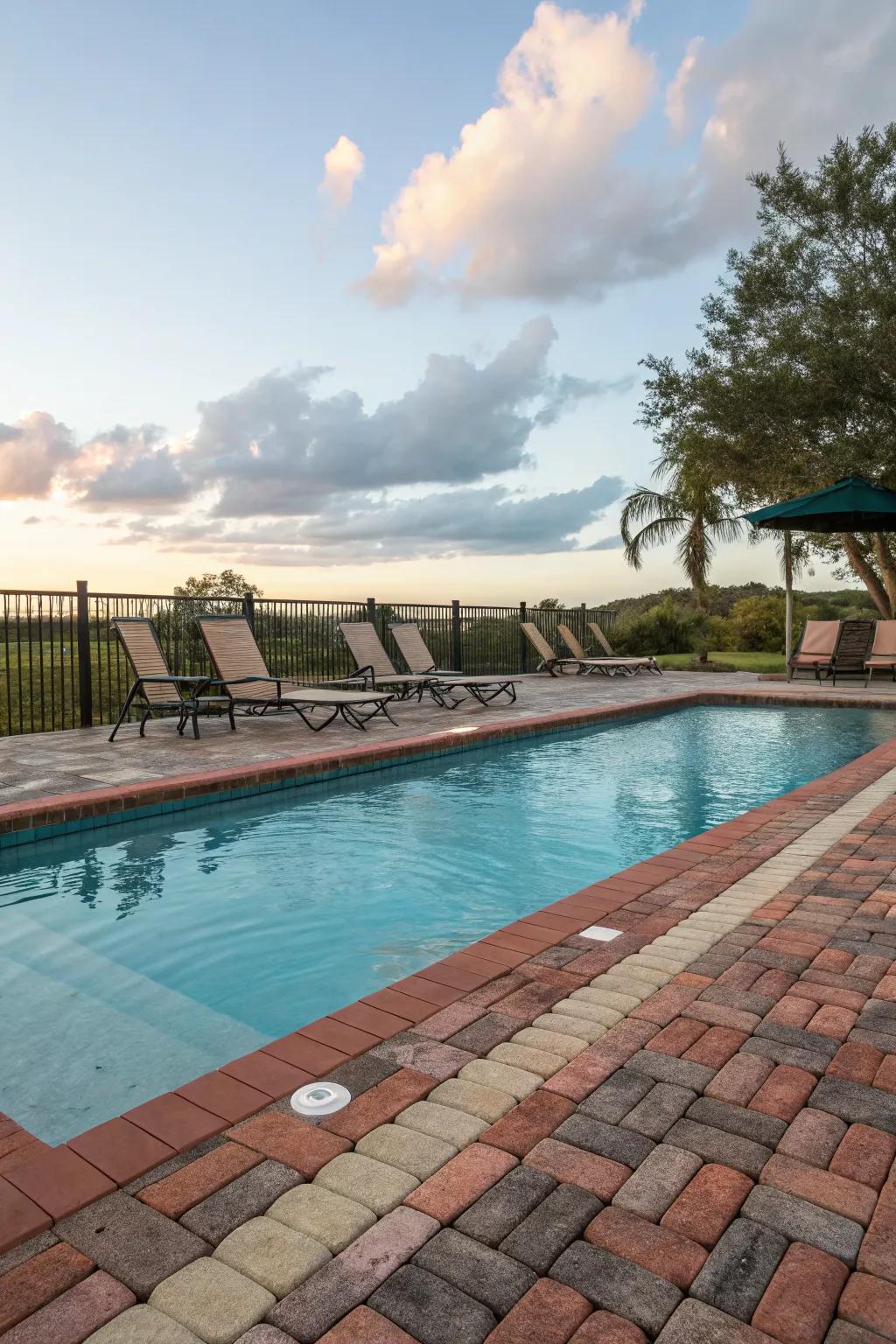 Sophisticated poolside with brick paver edges.