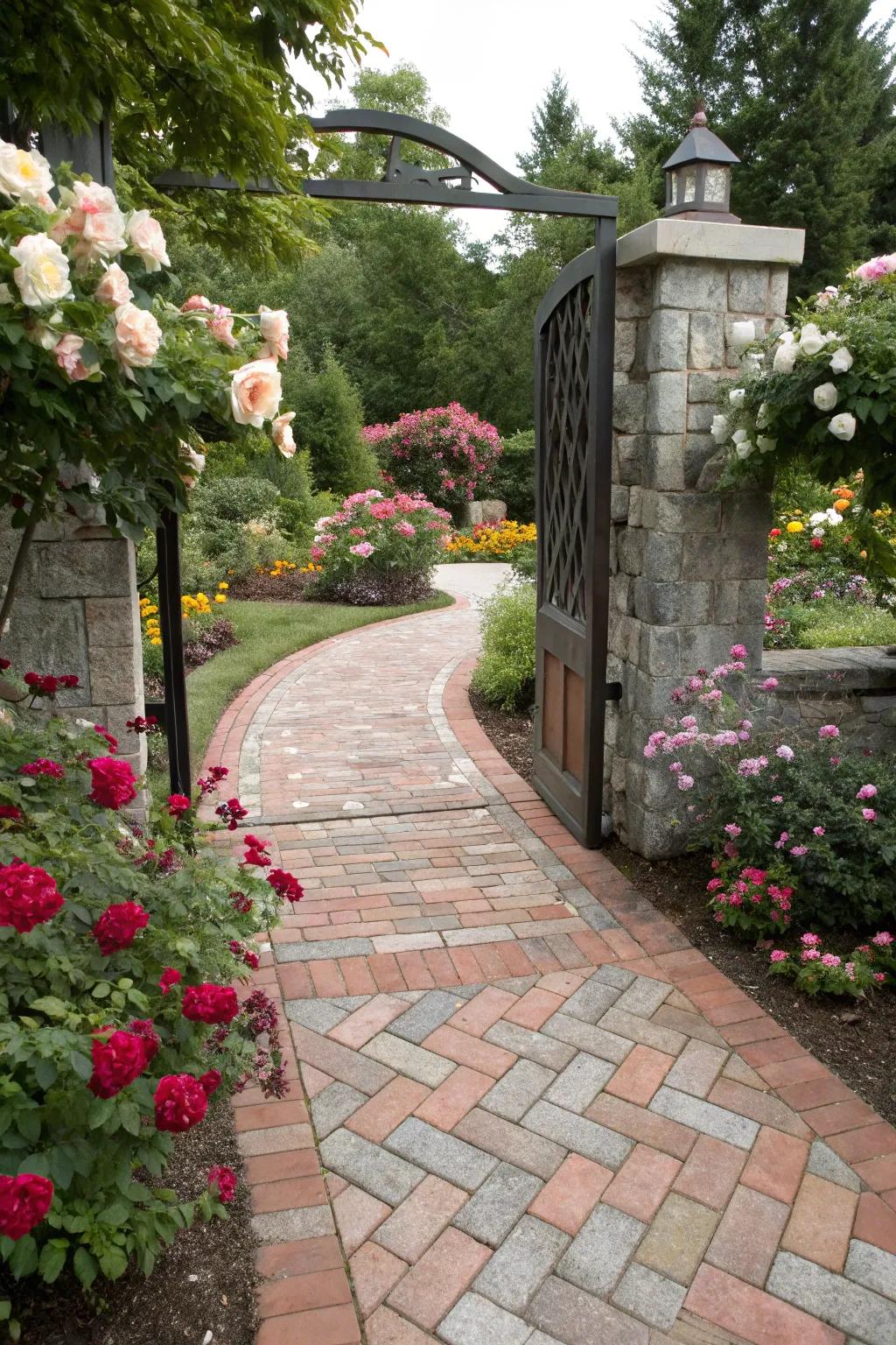 A garden entrance showcasing a Flemish bond brick paver pattern.
