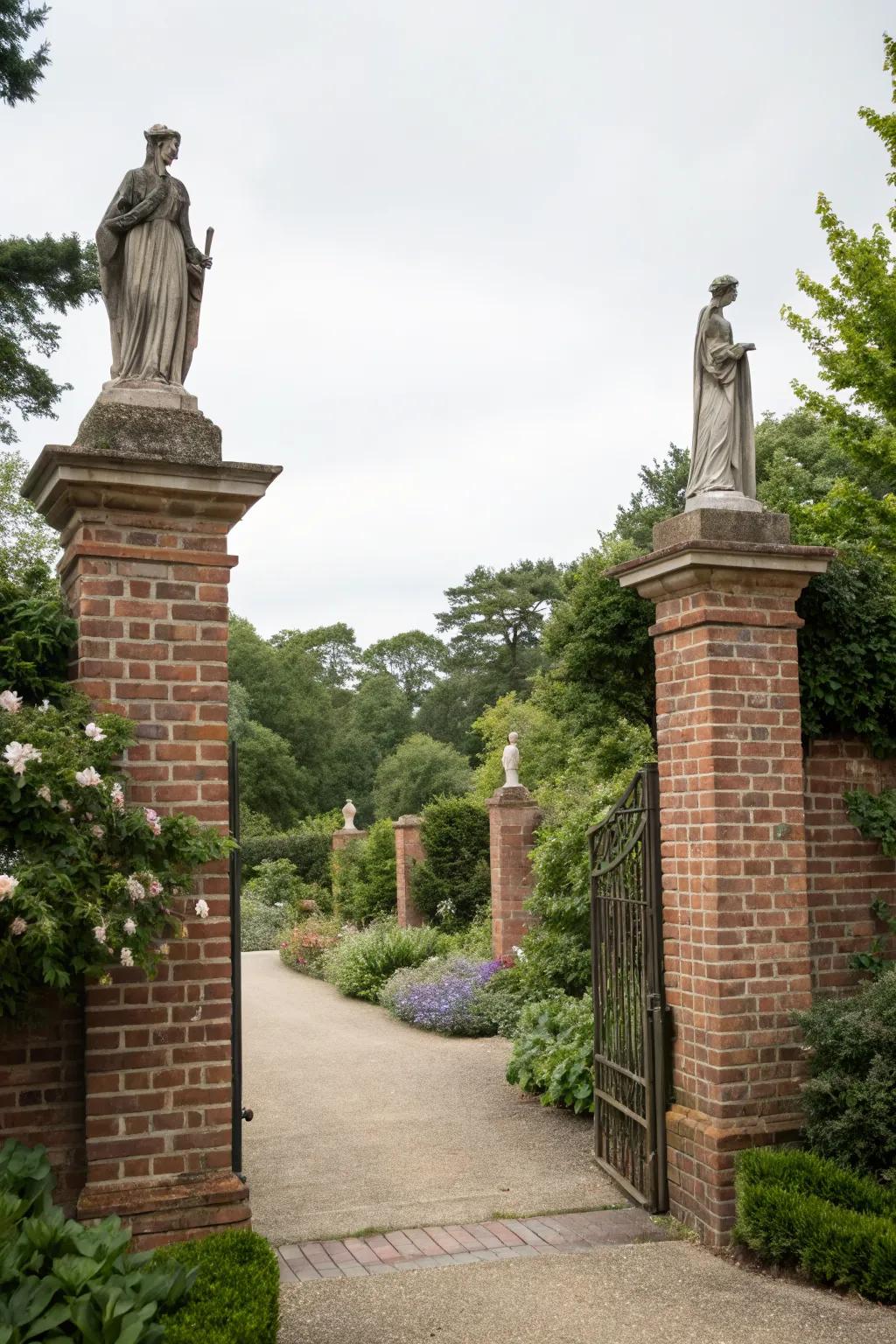 Brick pillars topped with statues, adding elegance to a garden entrance.