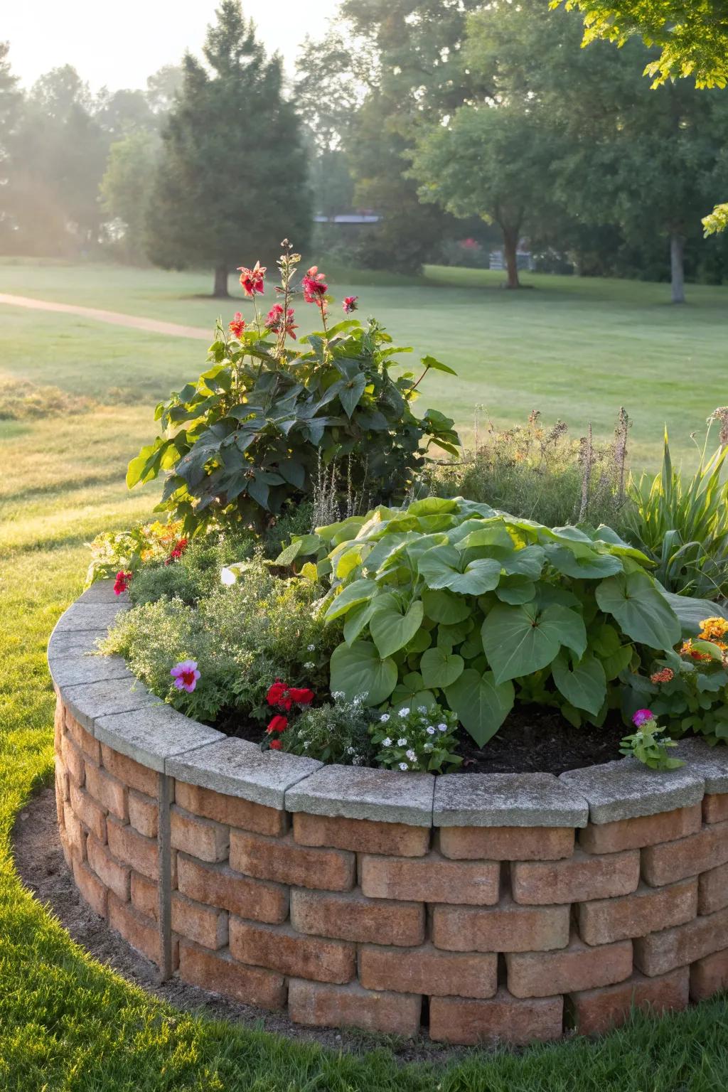 A circular brick planter adding a unique flair to the garden.