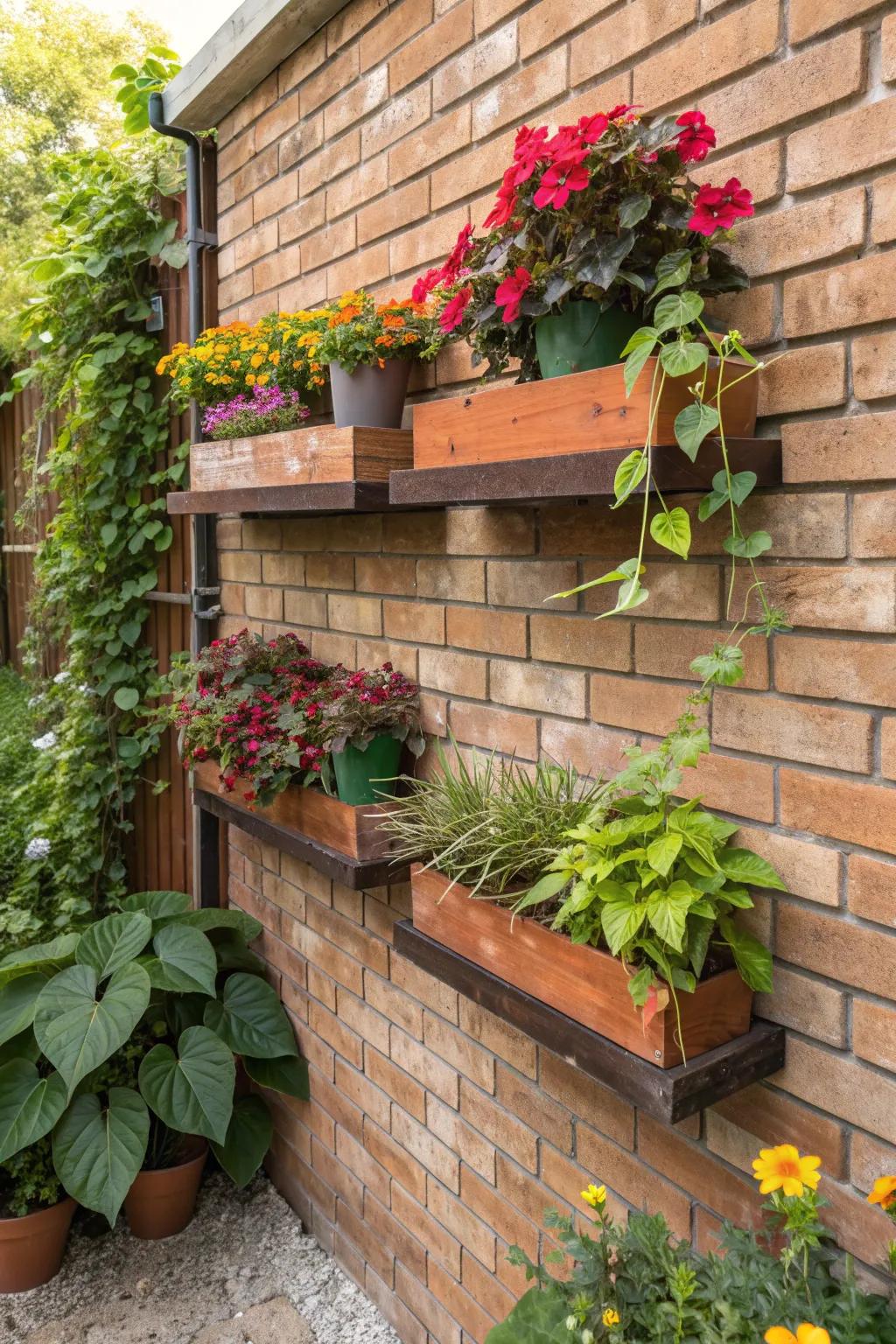 Floating planter shelves on a brick wall, displaying colorful plants.