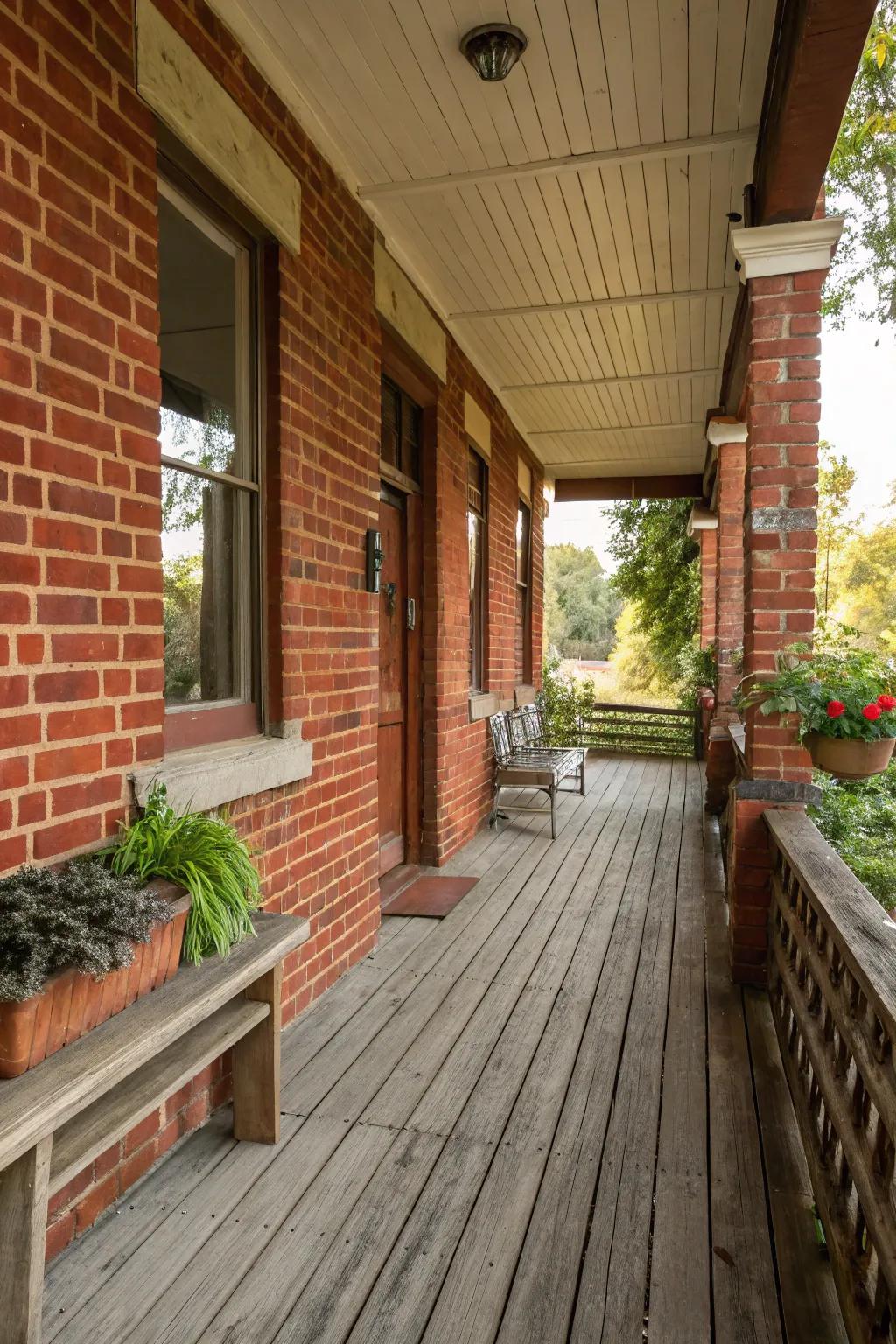 Harmonious blend of brick and wood on a porch.
