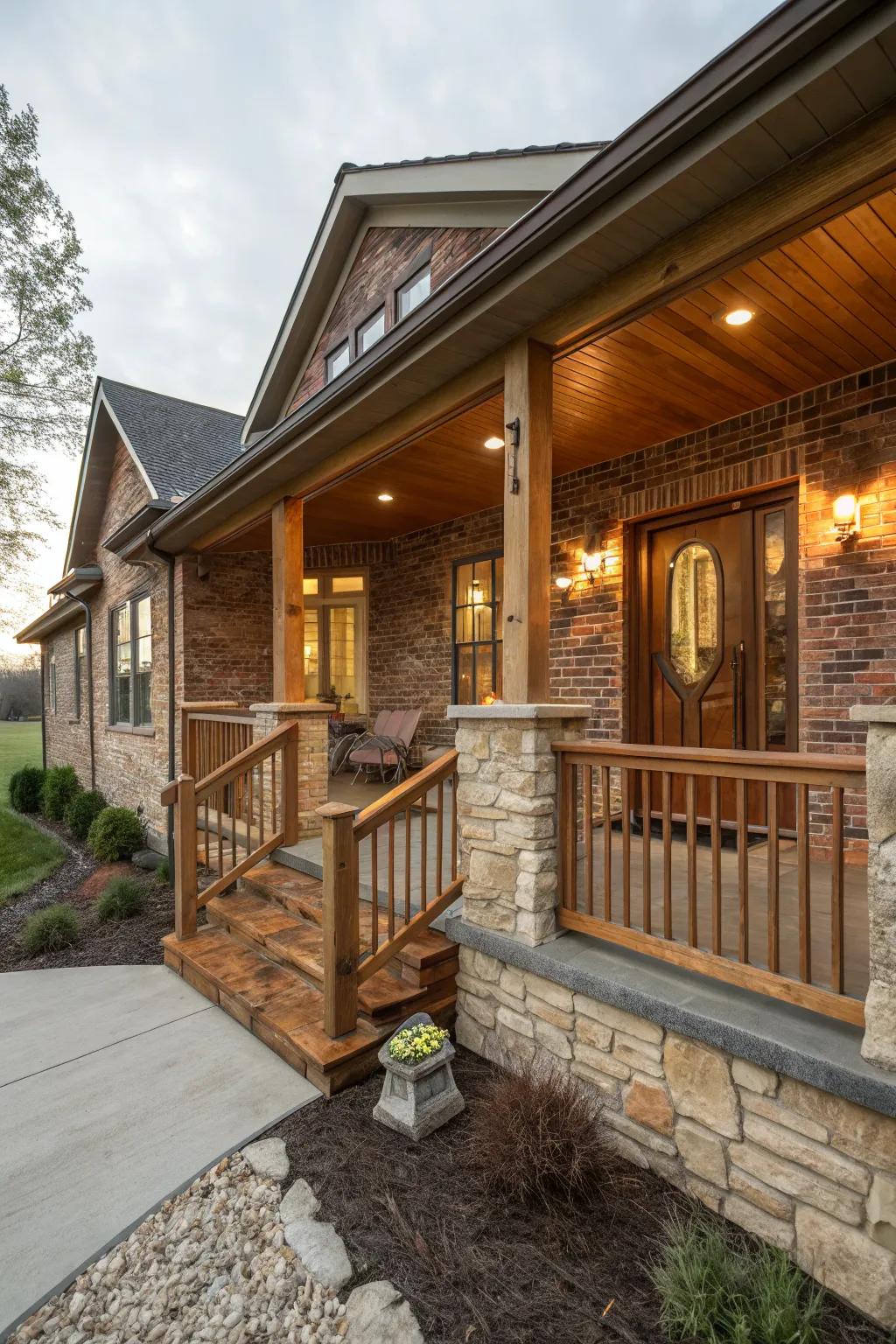 Mixing materials adds depth and interest to the porch design.