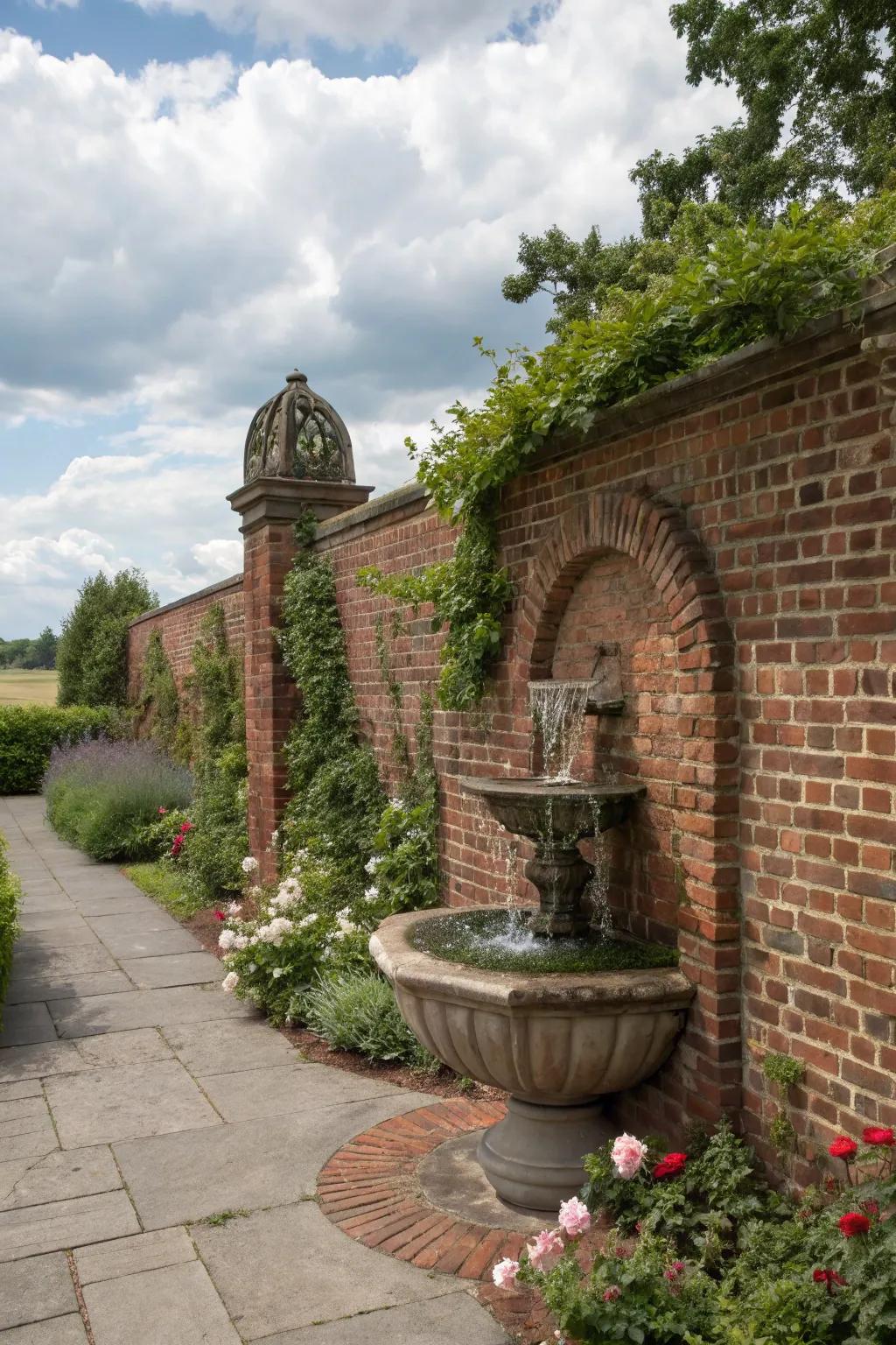 A fountain turns a brick wall into a serene focal point.