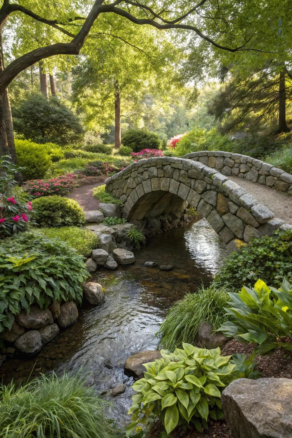 A sturdy stone bridge complements a garden creek.