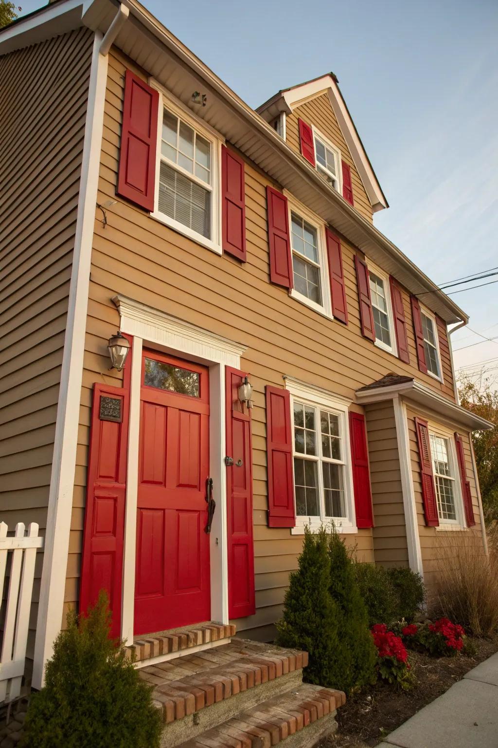 Red accents create a striking contrast with a brown exterior.