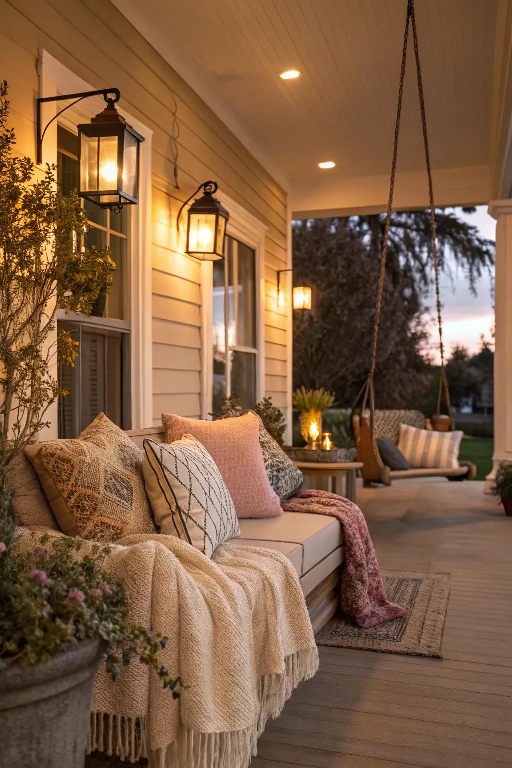Cozy textiles make this porch inviting and warm.