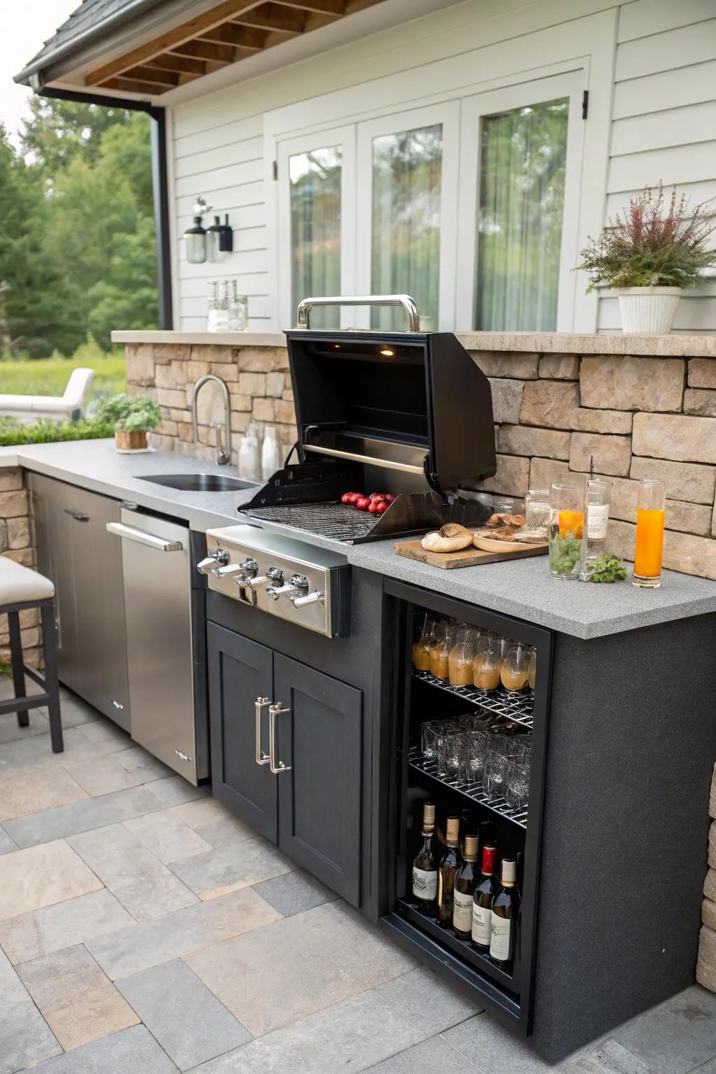 A barbecue bar setup ensures easy hosting and convenience.