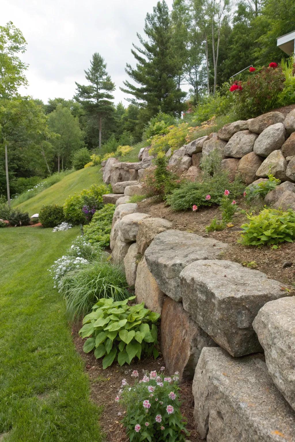 A functional and beautiful retaining wall using bull rocks.