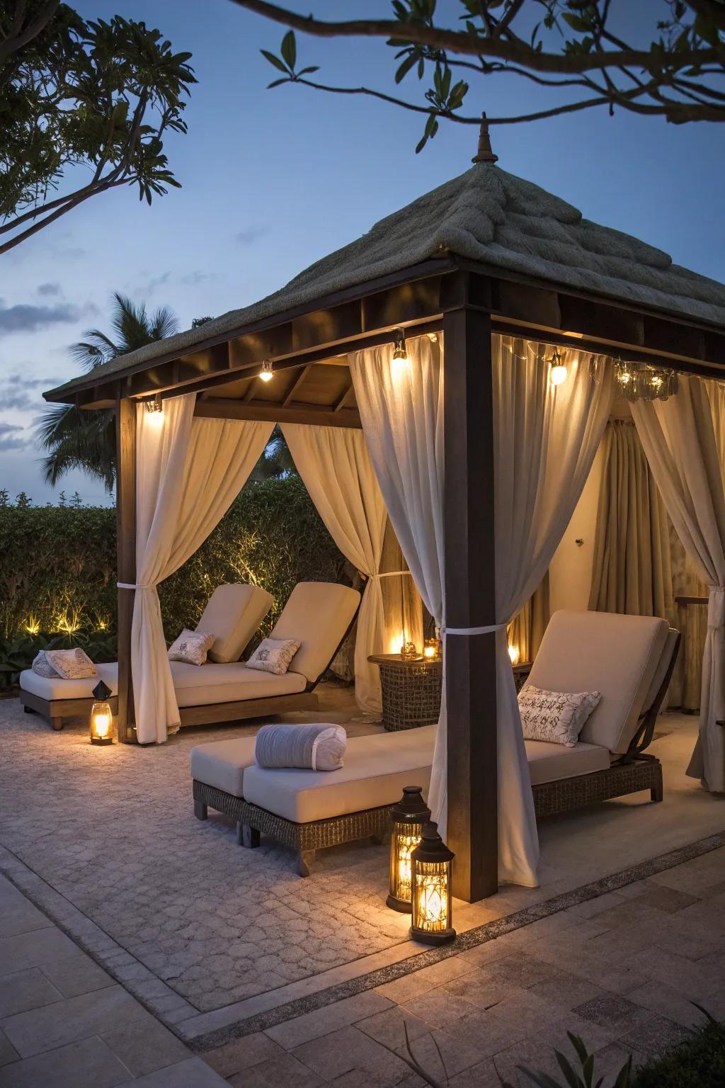 A spa-inspired cabana featuring plush seating and soft lighting for ultimate relaxation.
