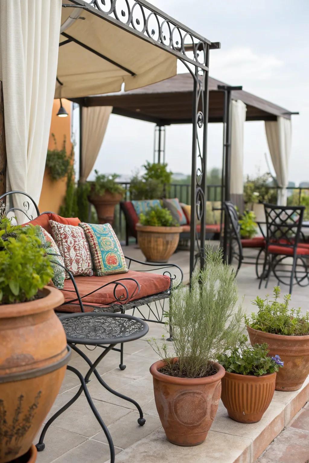 Mediterranean charm with terracotta and iron accents.