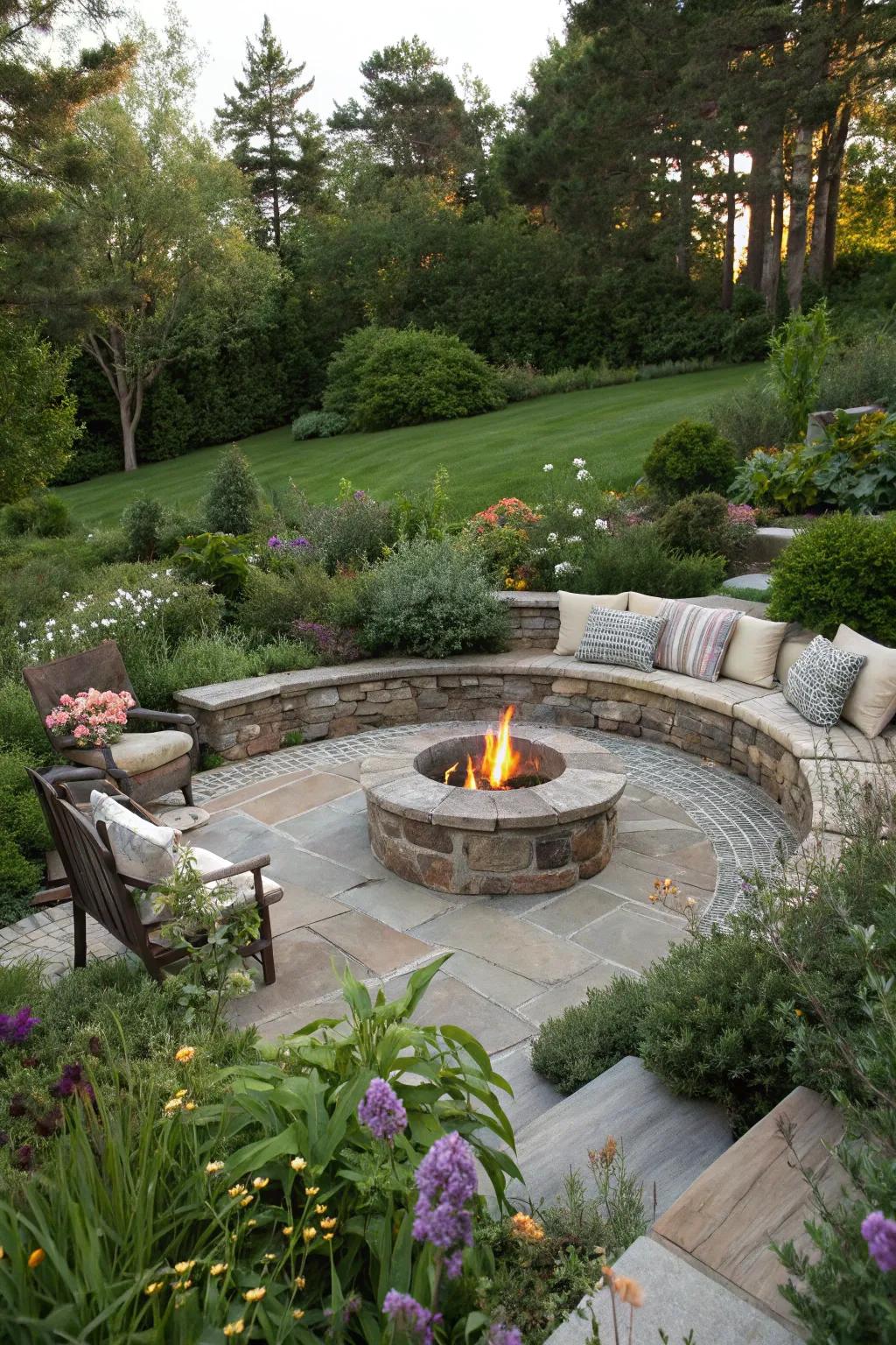 A sunken fire pit area offering an inviting and intimate atmosphere.