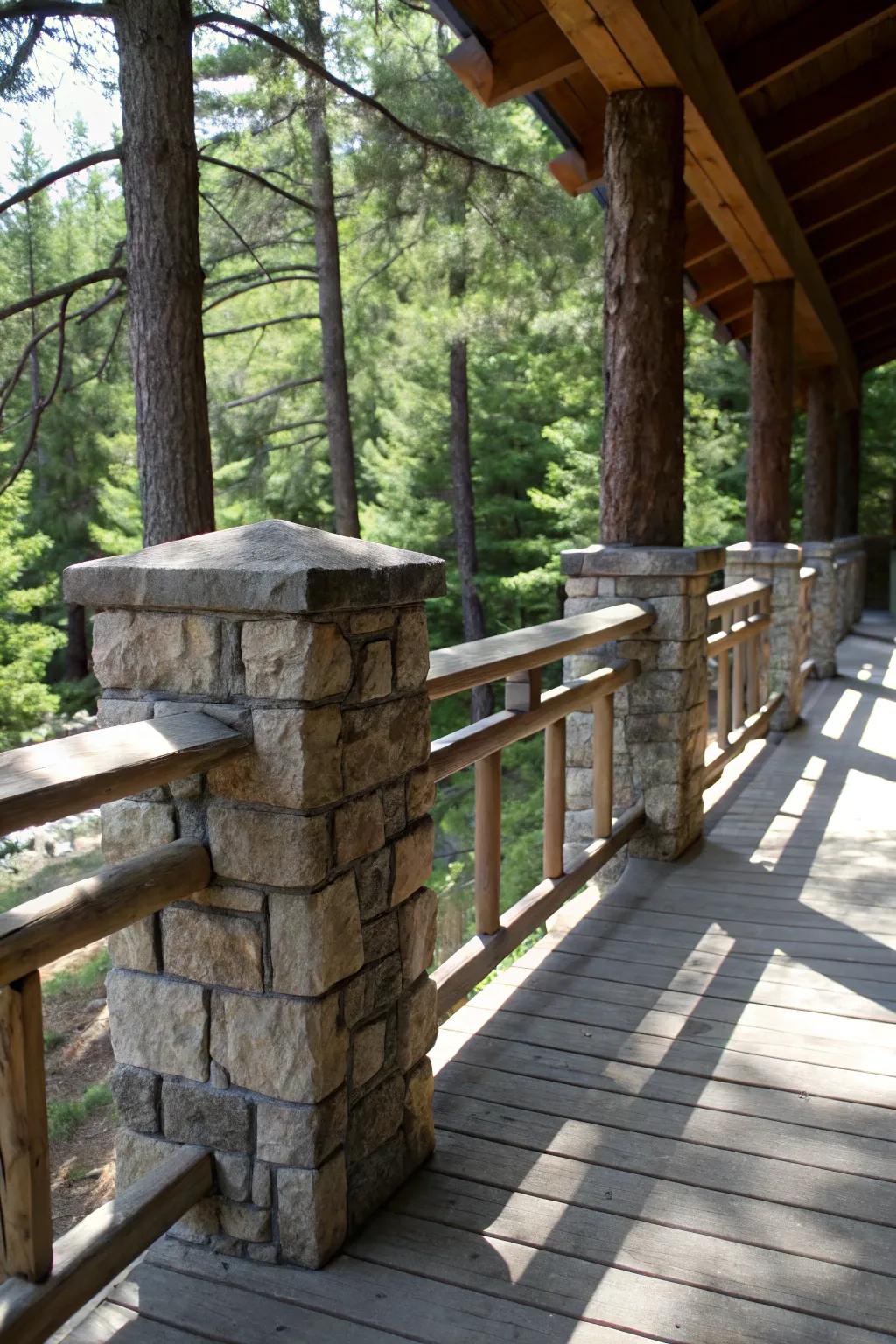 Stone pillars integrated into a cabin's wooden railing design.