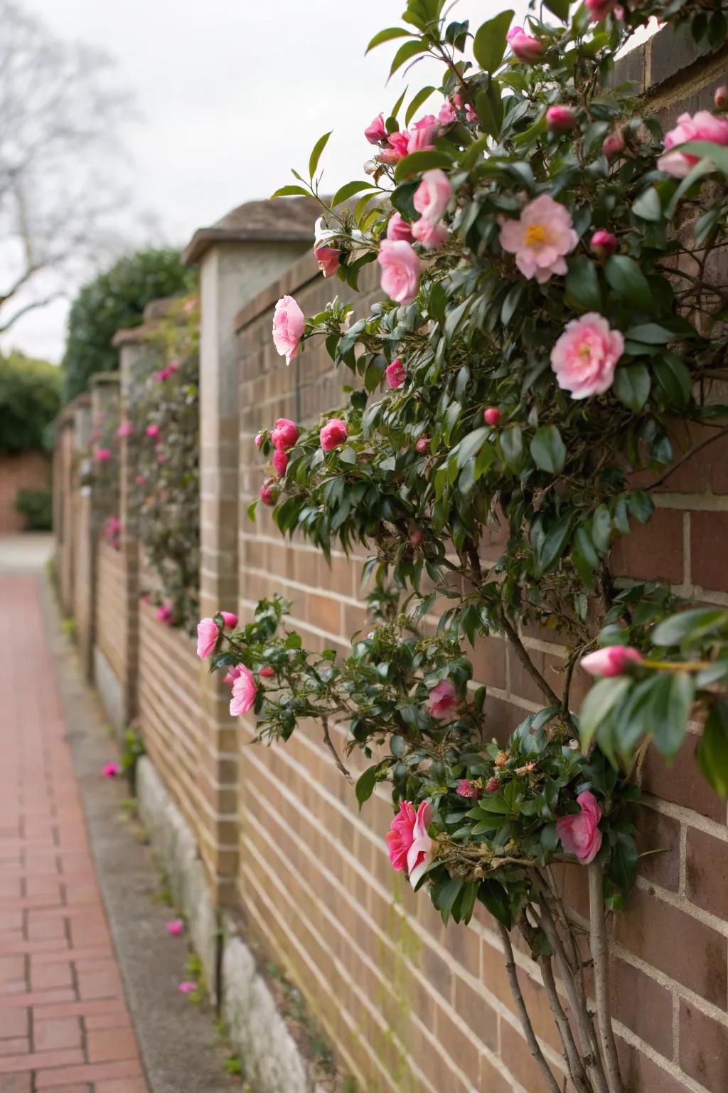 Espaliered camellias offer a visual delight in garden design.