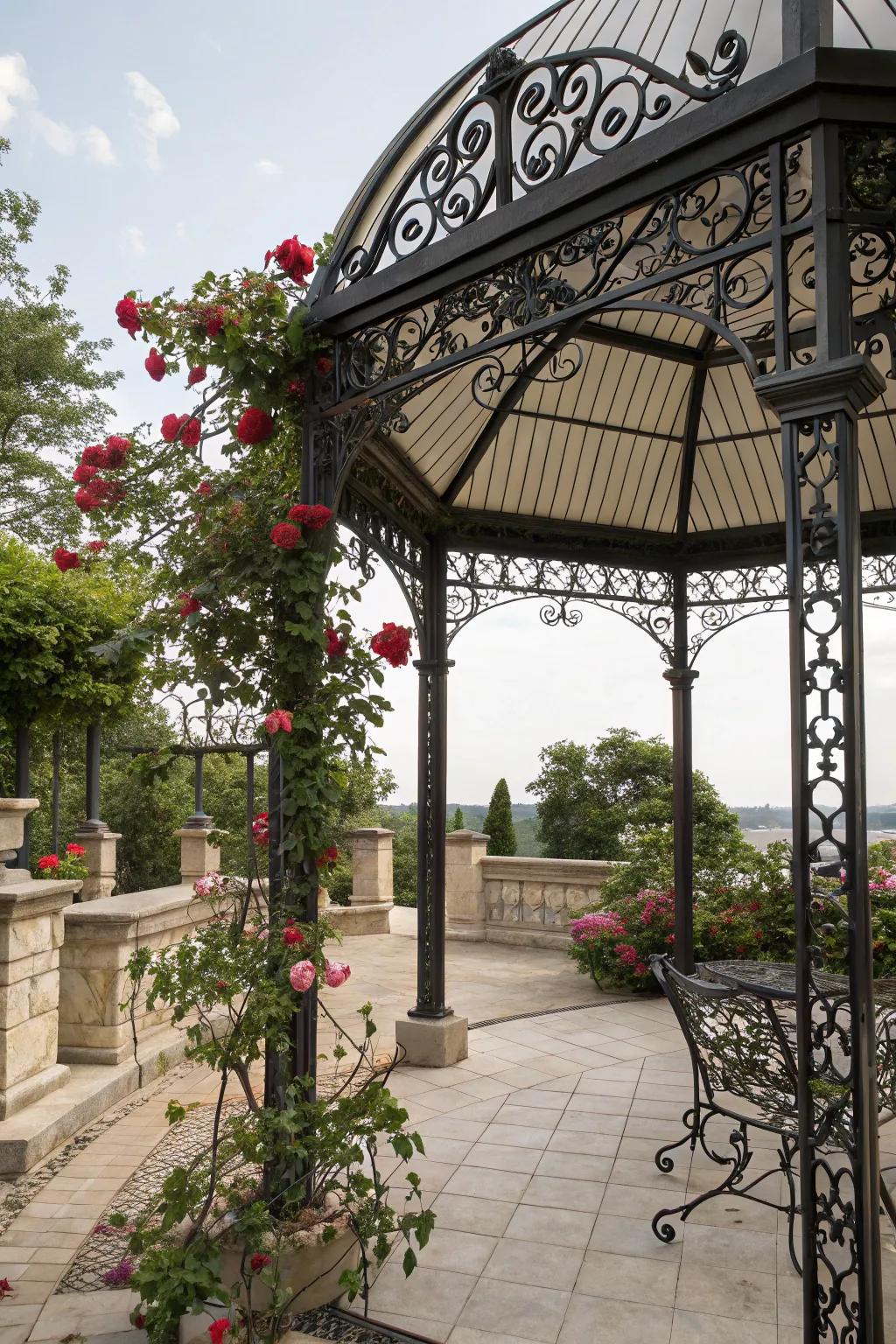 A wrought iron canopy adds elegance and sophistication with its intricate designs.