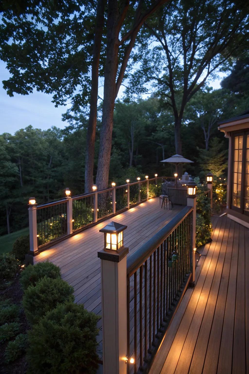 Integrated lighting brings a cozy glow to this deck