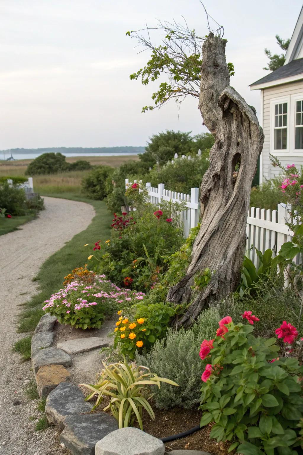 Weathered wood accents add coastal charm.