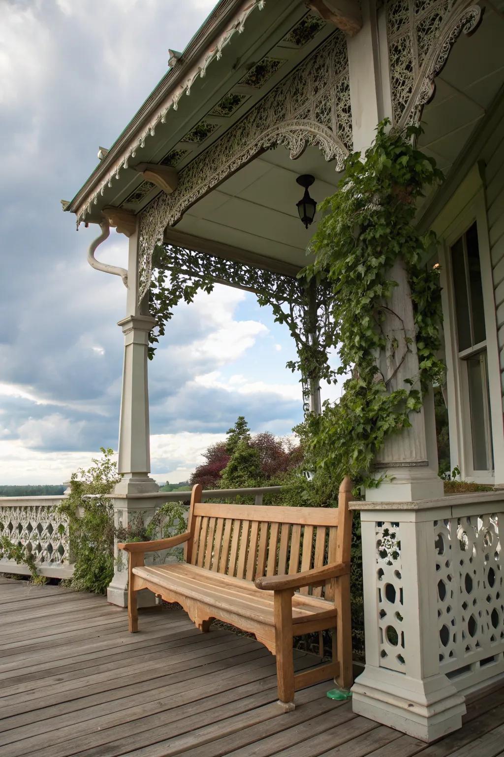 A cedar bench adds a welcoming touch to a classic porch.