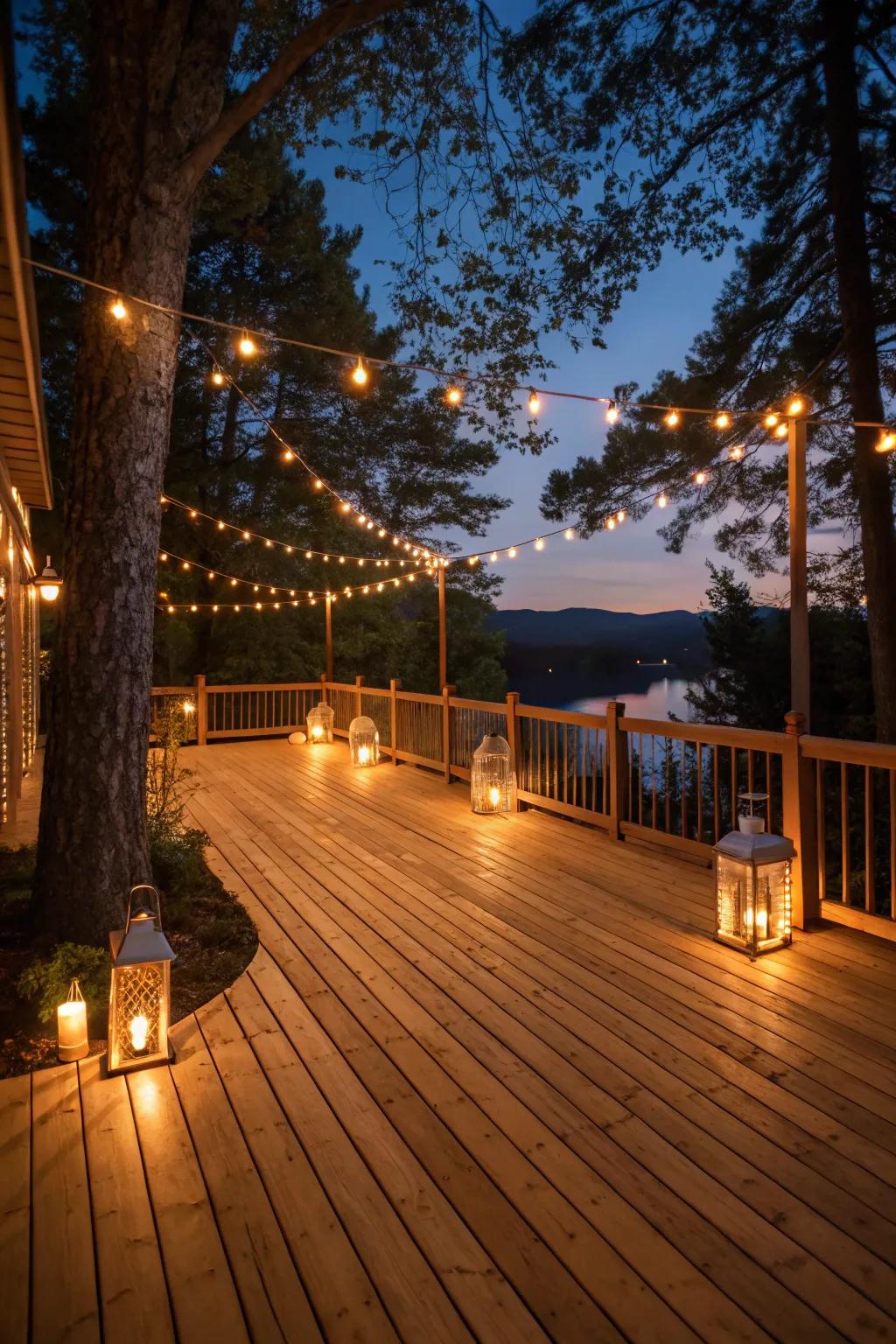 Creative lighting enhances the ambiance of this cedar deck.