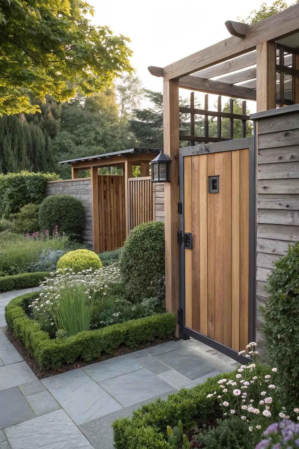 Cedar gate with a blend of contemporary and rustic aesthetics.