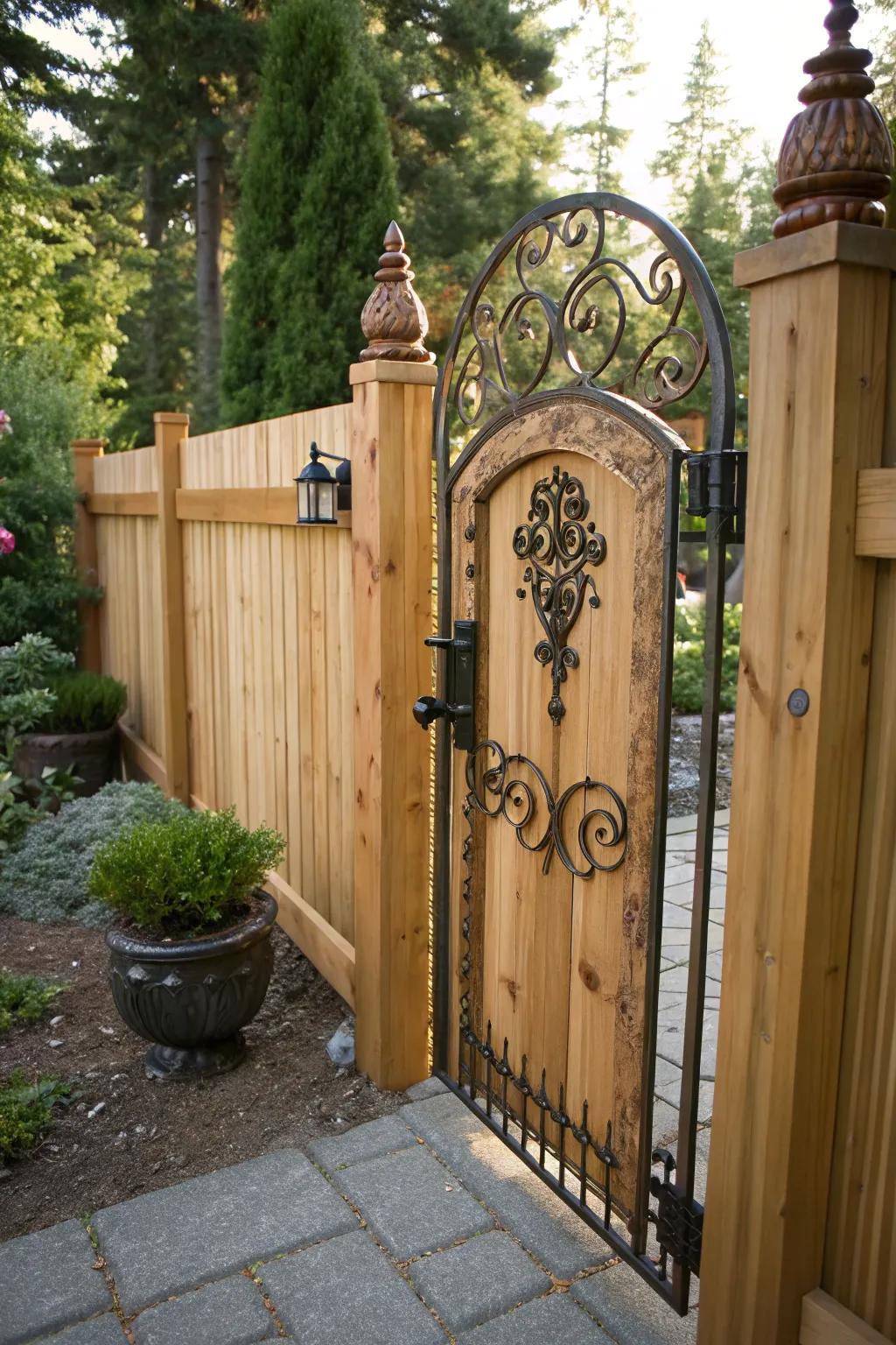Ornate hardware adds charm to this cedar fence gate.