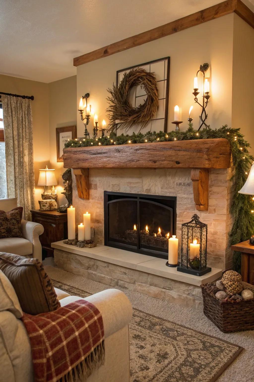 A living room with a standout cedar slab mantel.