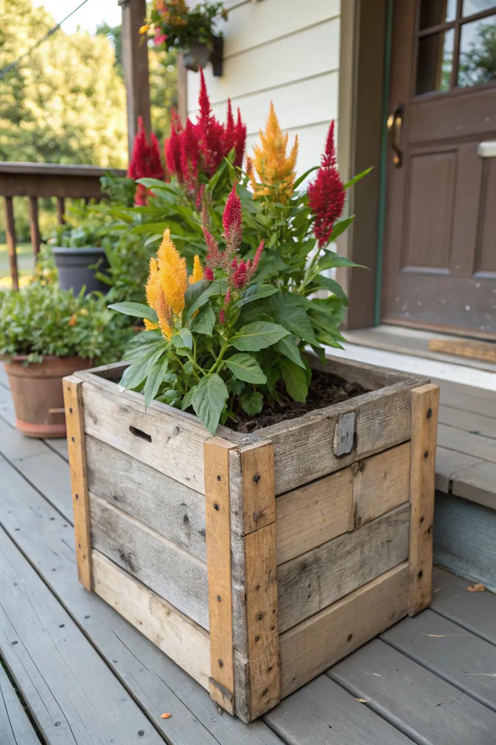 Rustic wooden crates offer a quaint home for celosia.