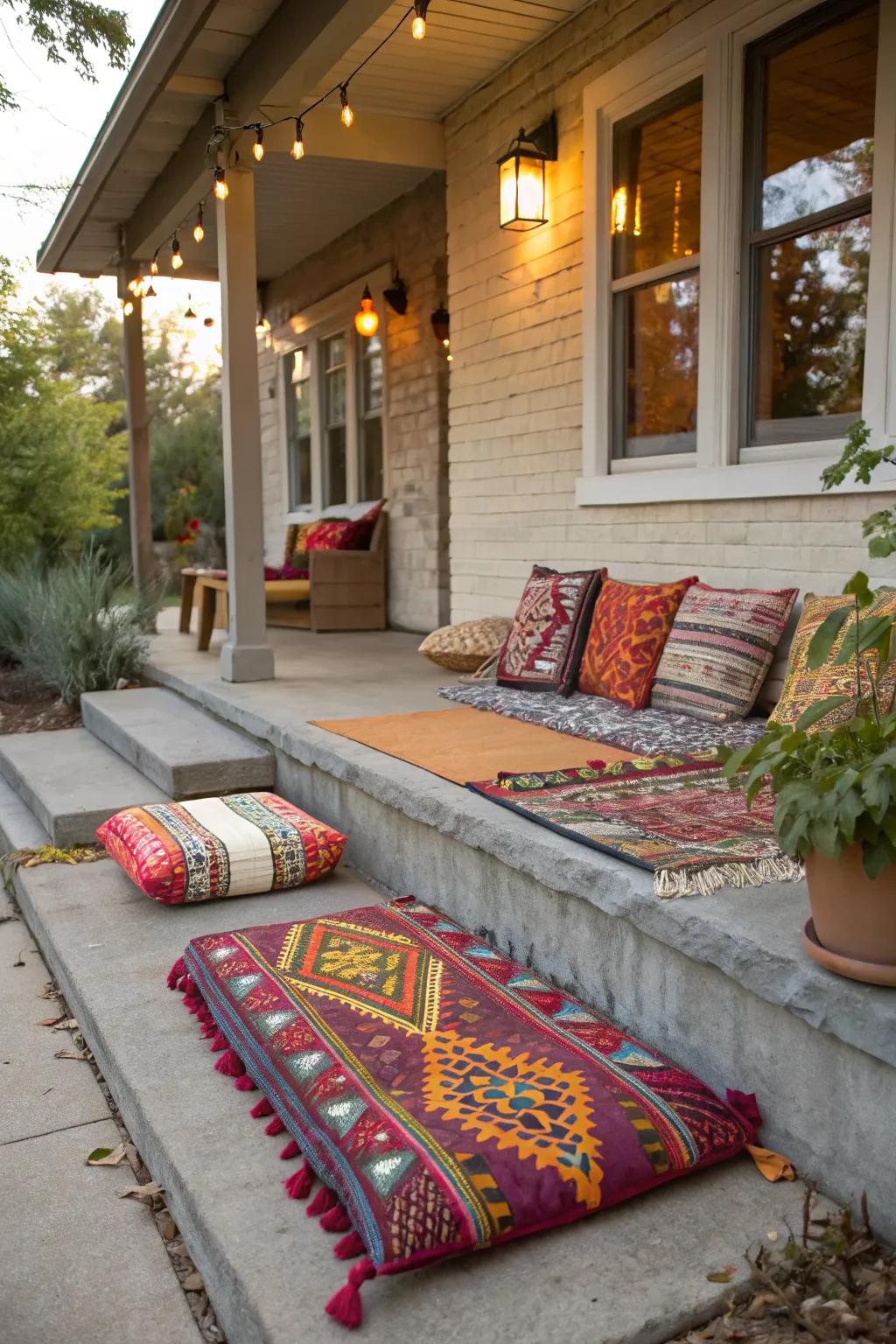 Rugs and cushions add comfort and color to your cement porch.