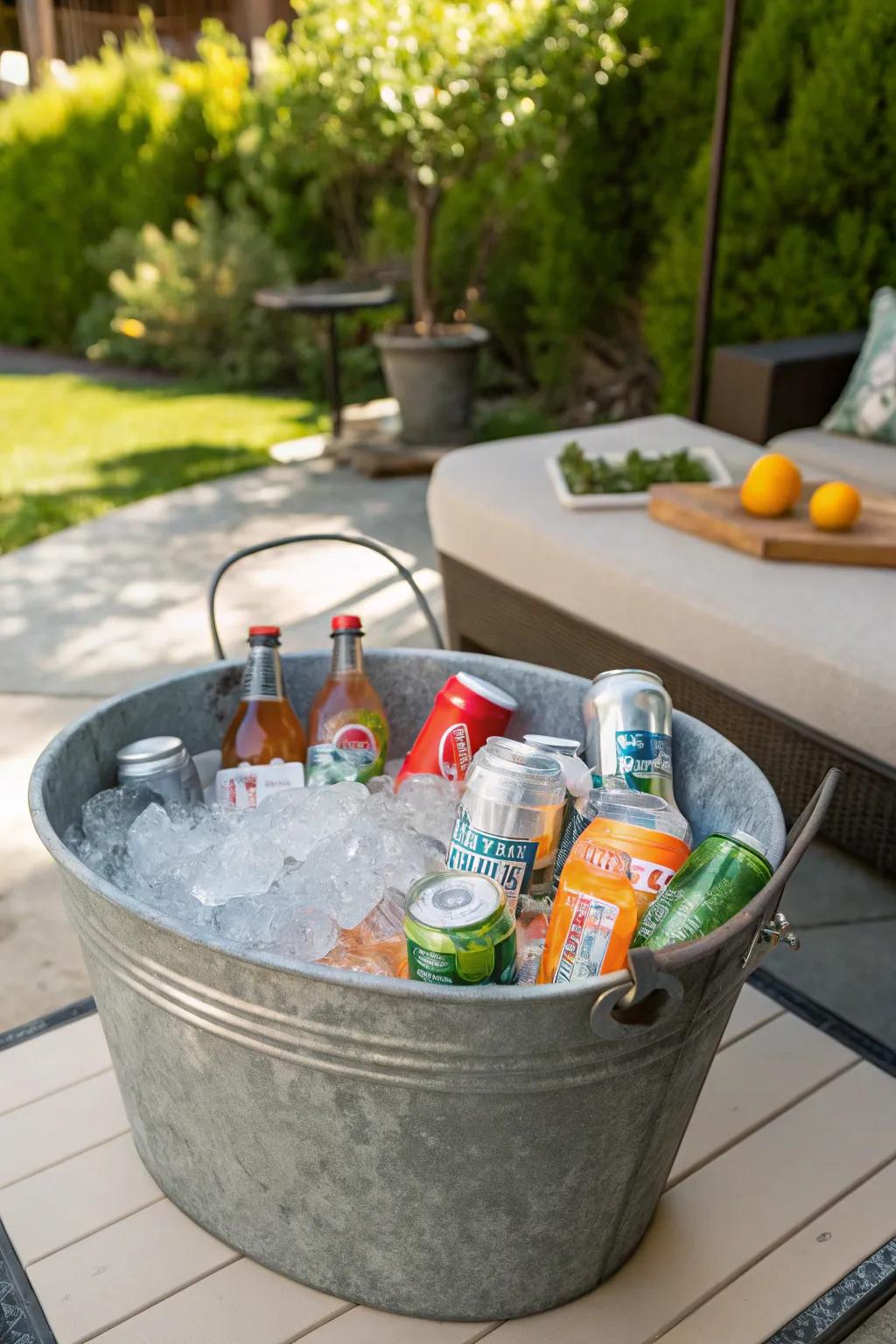 Galvanized tubs keep drinks refreshingly cool.