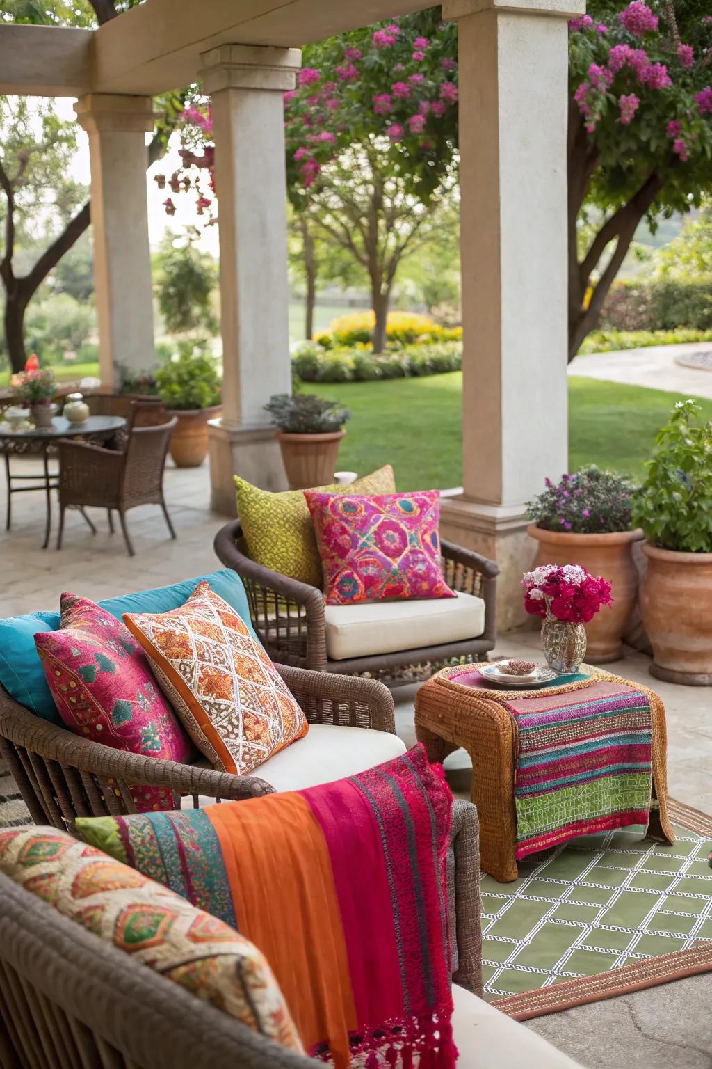 Colorful textiles add vibrancy to the backyard.