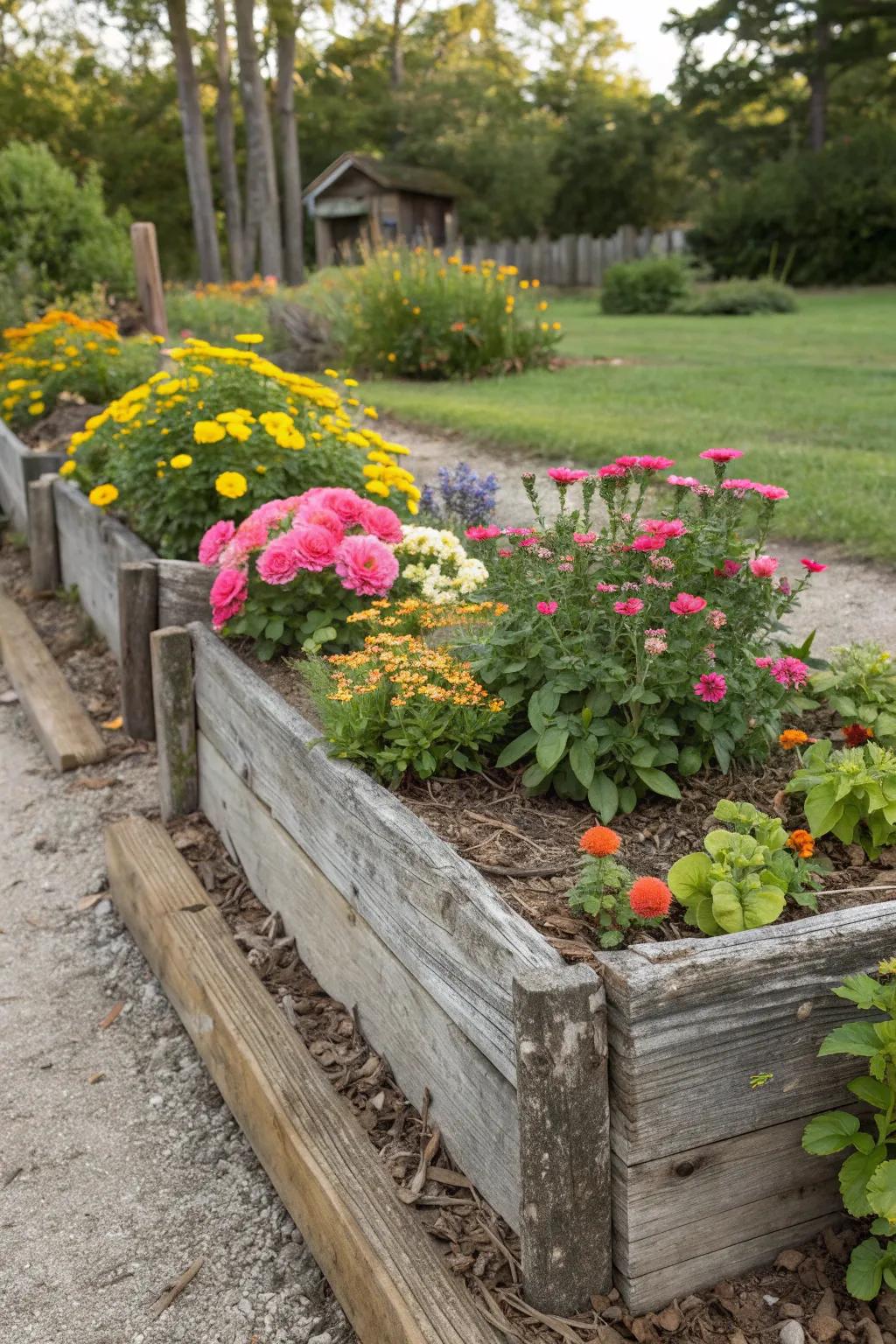 Salvaged wood adds rustic charm and sustainability to your garden.