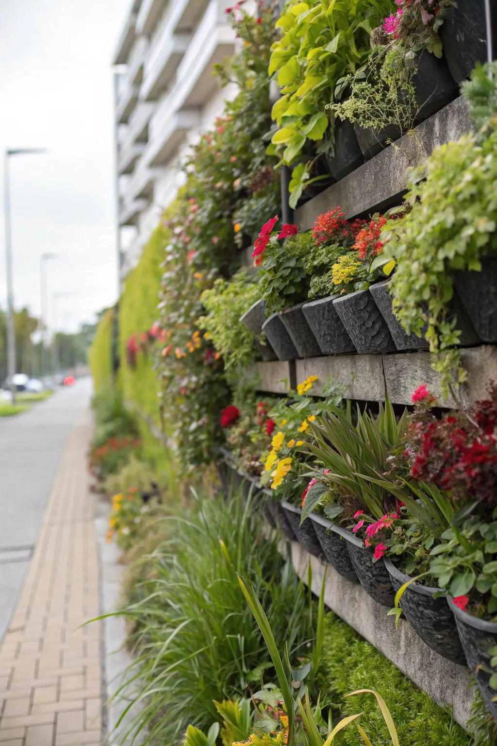 A garden wall transformed into a vertical garden with lush plants.