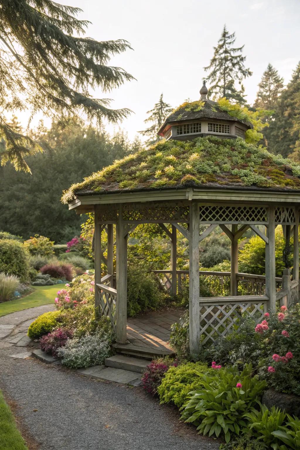 Create a sustainable and unique gazebo roof with living plants.