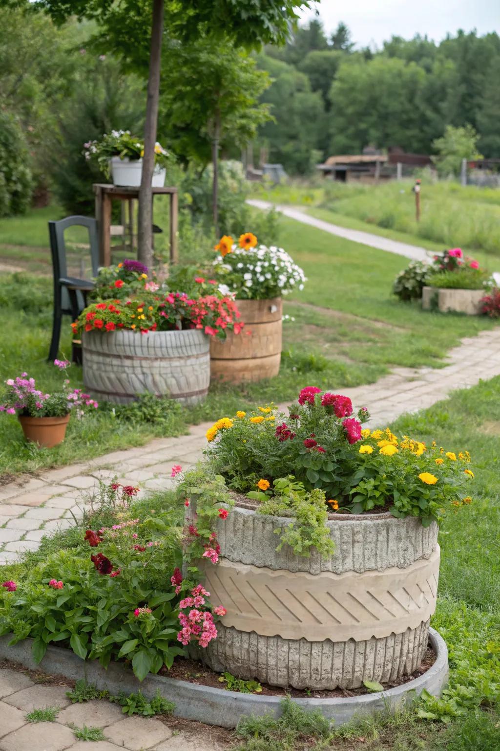 Recycled materials make unique and budget-friendly planters.