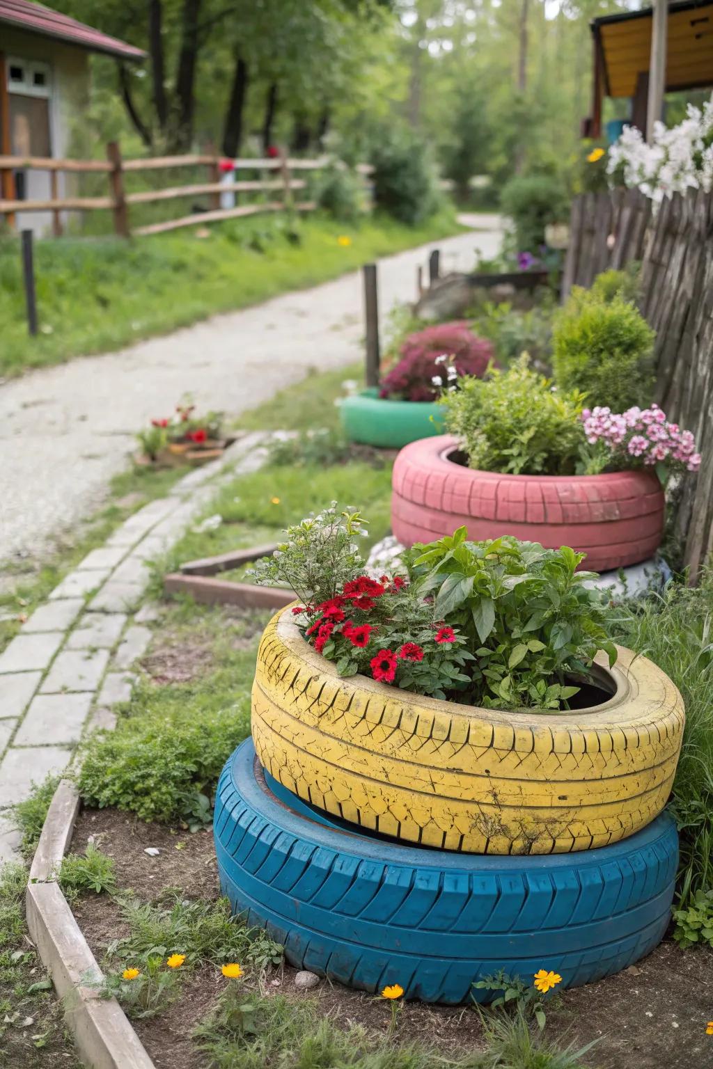 Upcycled planters add charm and reduce waste.