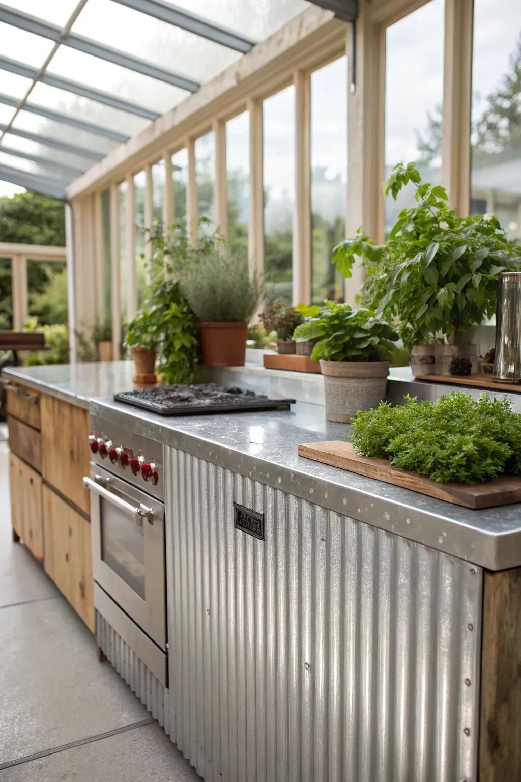 Corrugated metal adds a modern industrial touch to outdoor countertops.