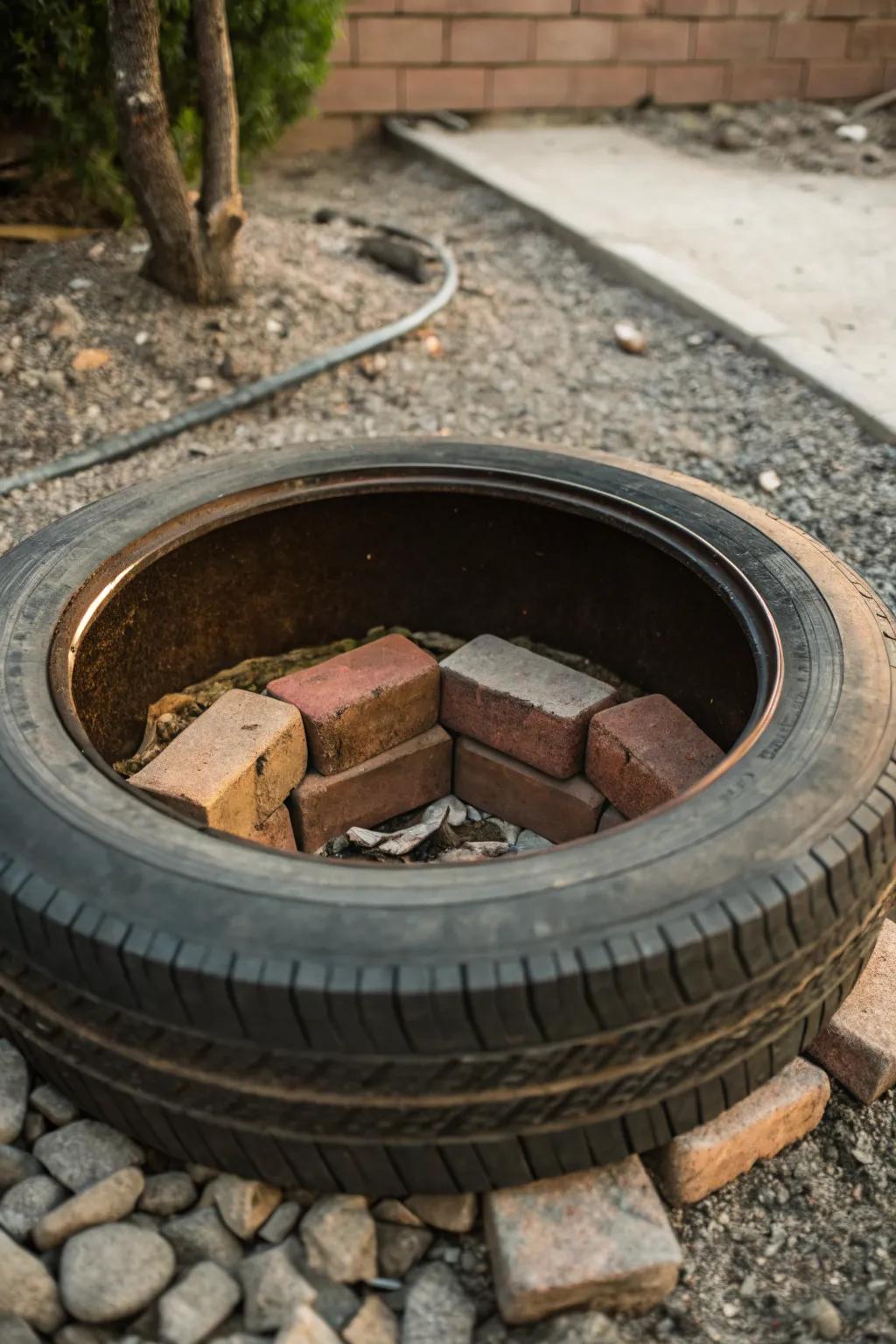 Industrial charm with a tire rim fire pit
