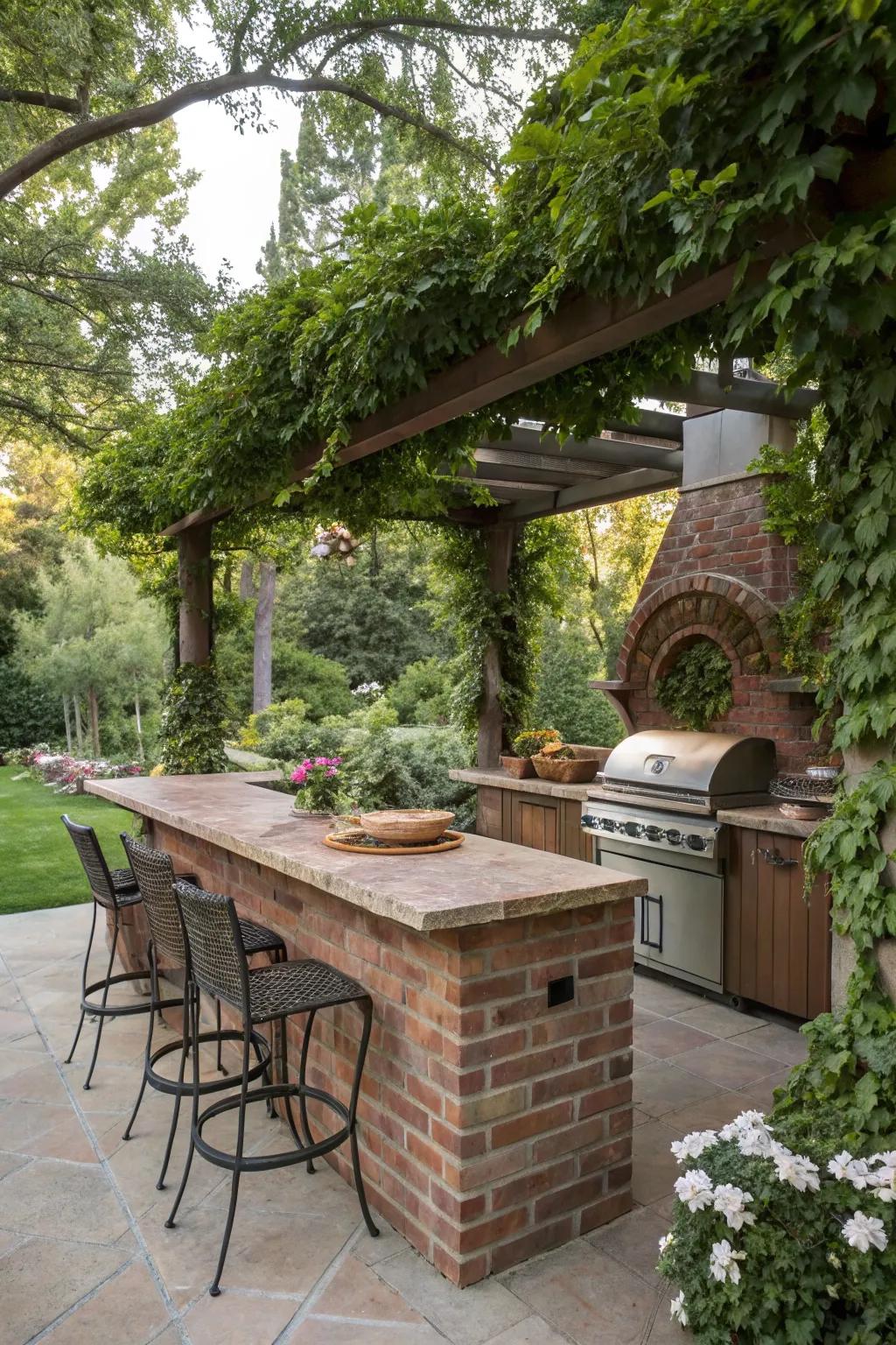 Brick countertops offer a rustic and durable option for outdoor kitchens.