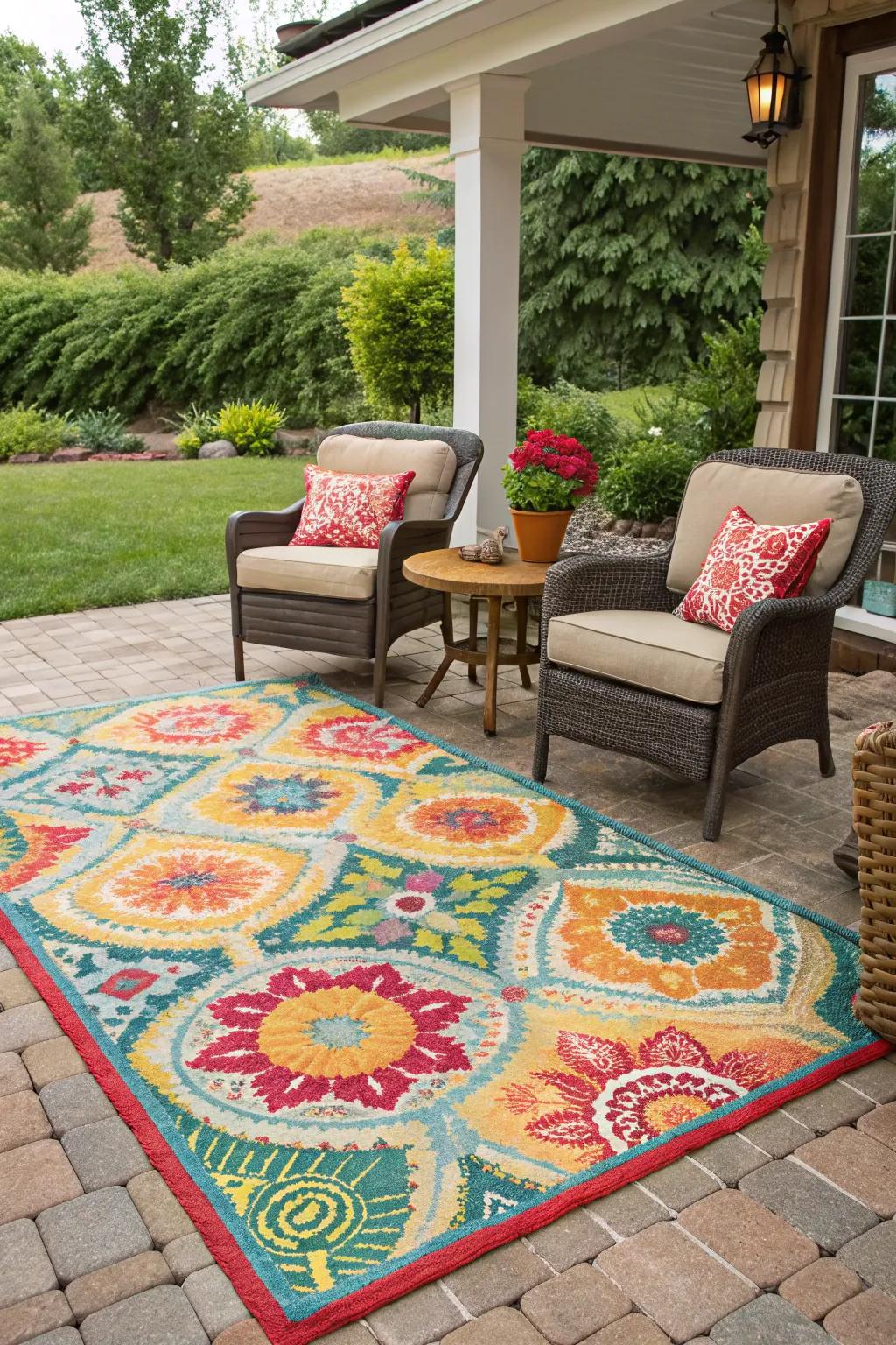 Outdoor rugs create distinct zones and comfort.