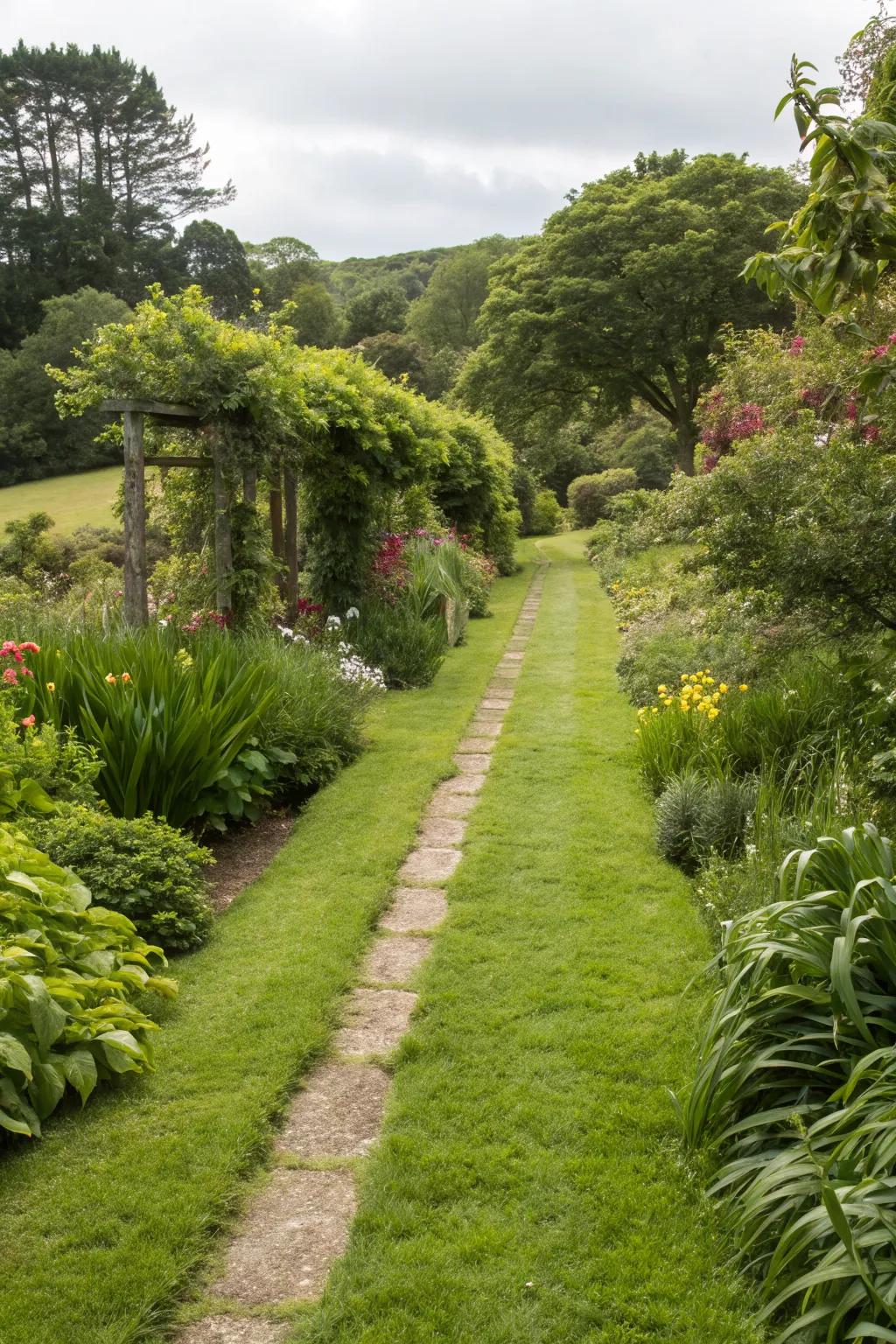 Grass paths offer a seamless and cost-effective garden path solution.